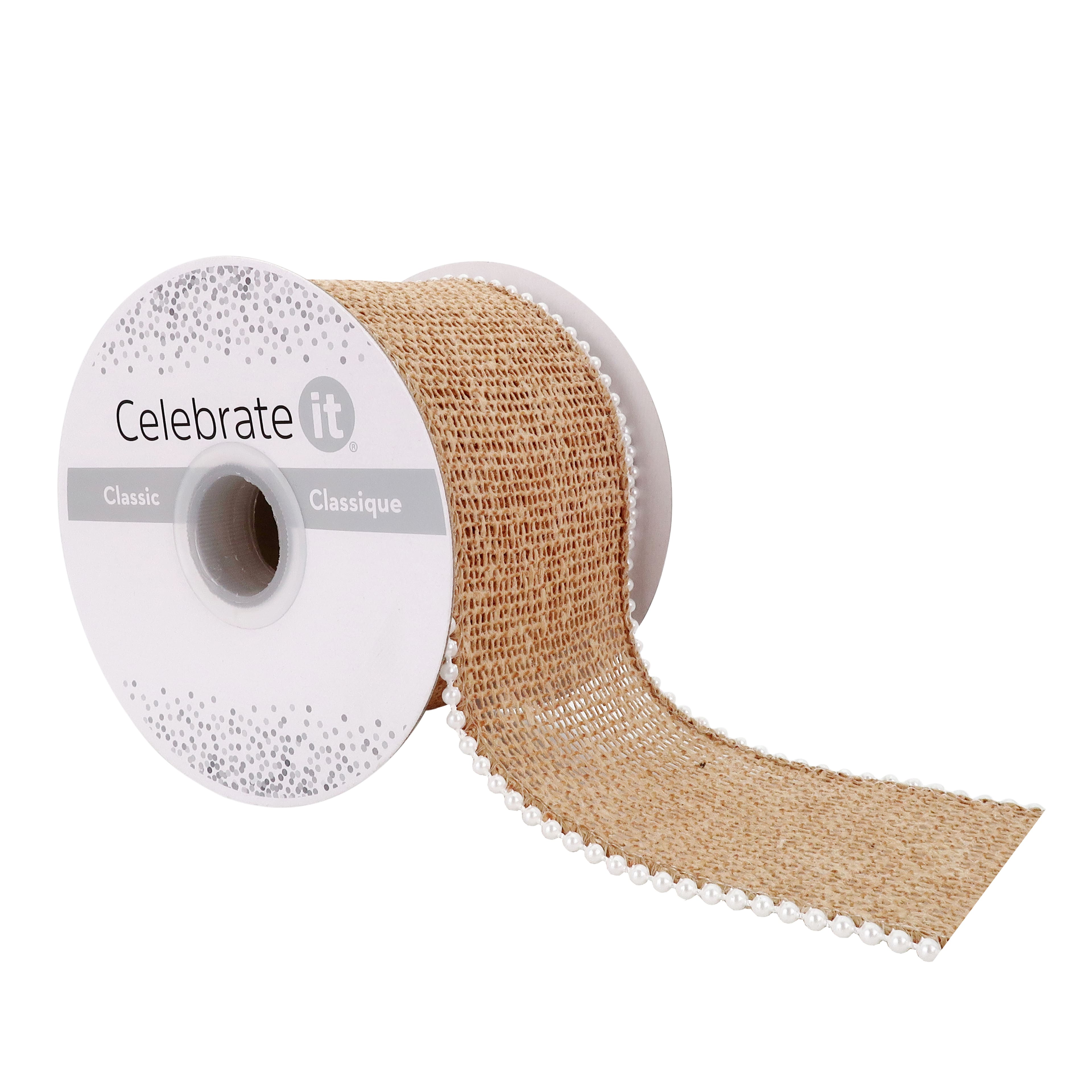 2.5" x 3yd. Burlap & Beaded Wired Ribbon by Celebrate It® Classic