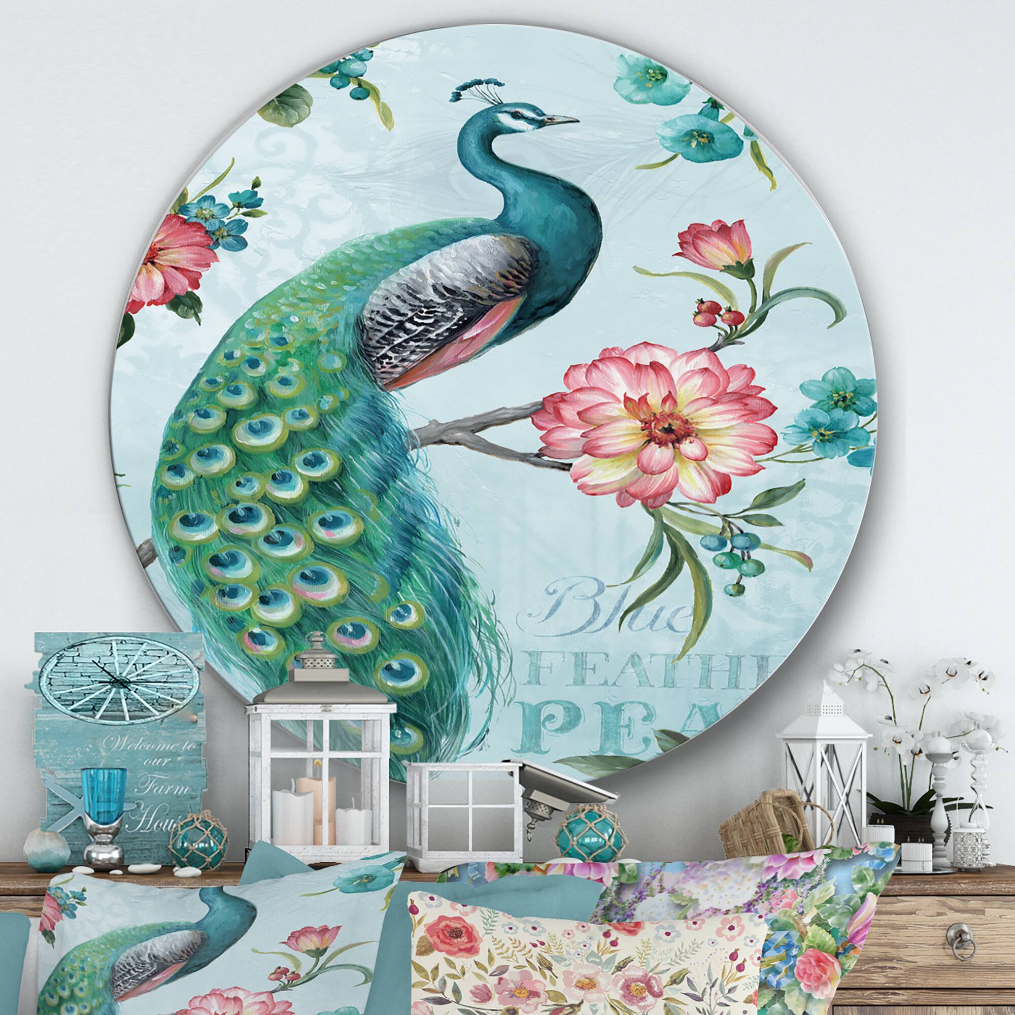 Designart - Handpainted Peacock - Farmhouse Metal Circle Wall Art