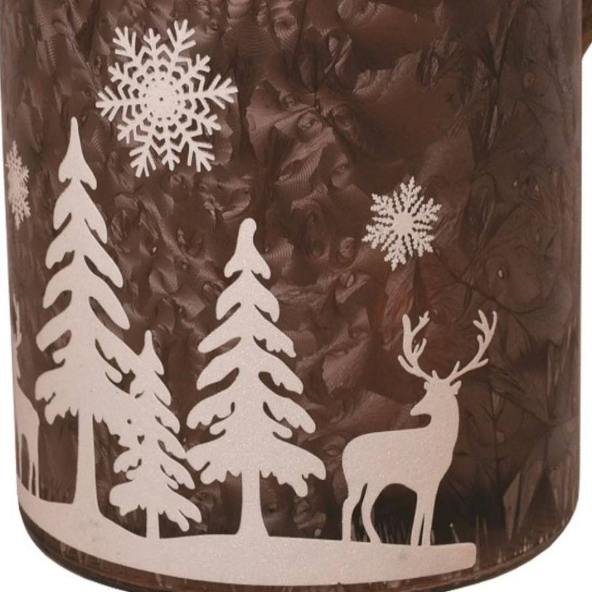 12" Brown Winter Scene Christmas Pillar Candle Lantern