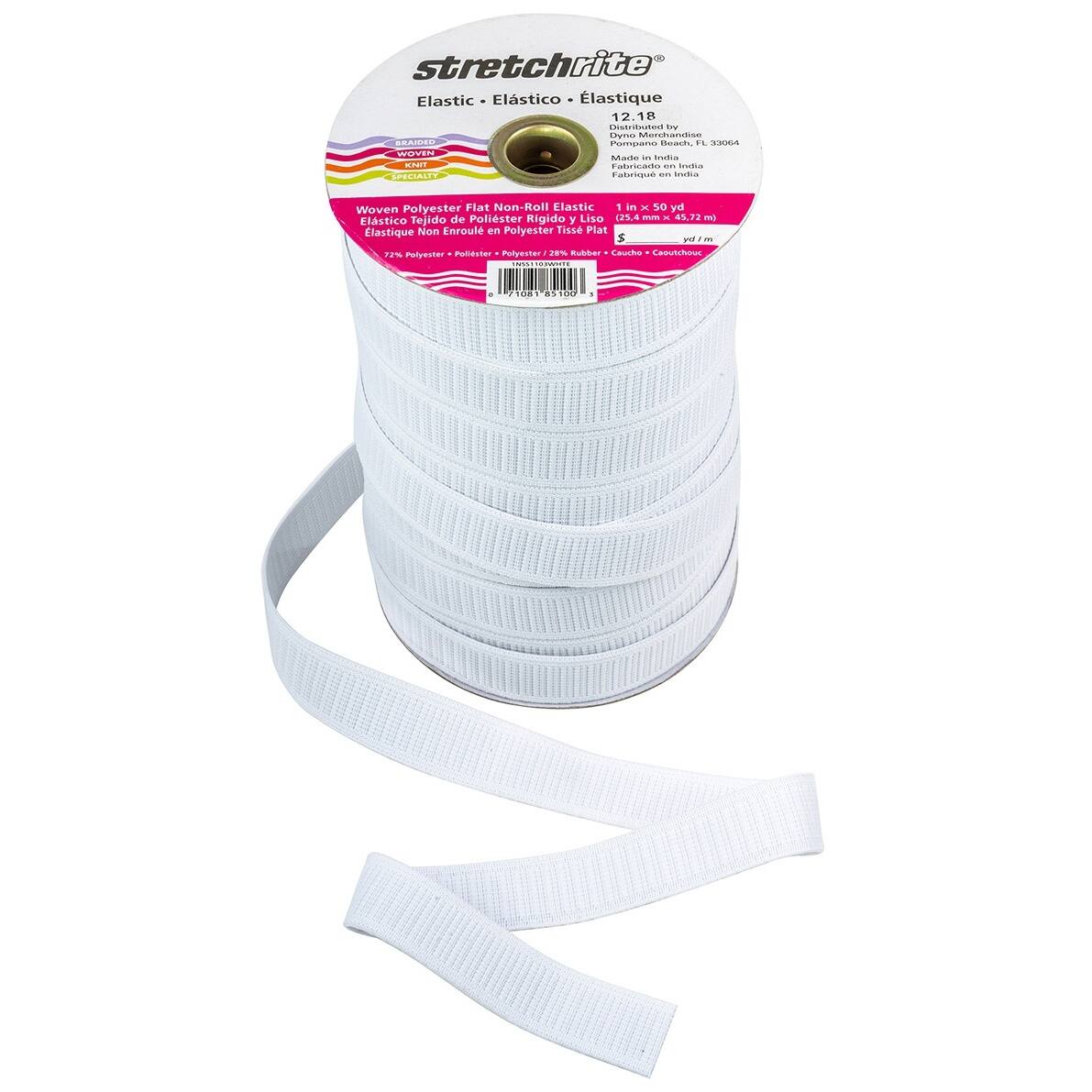 Stretchrite White Flat Non-Roll Polyester Woven Elastic, 1&#x22; x 50yd.