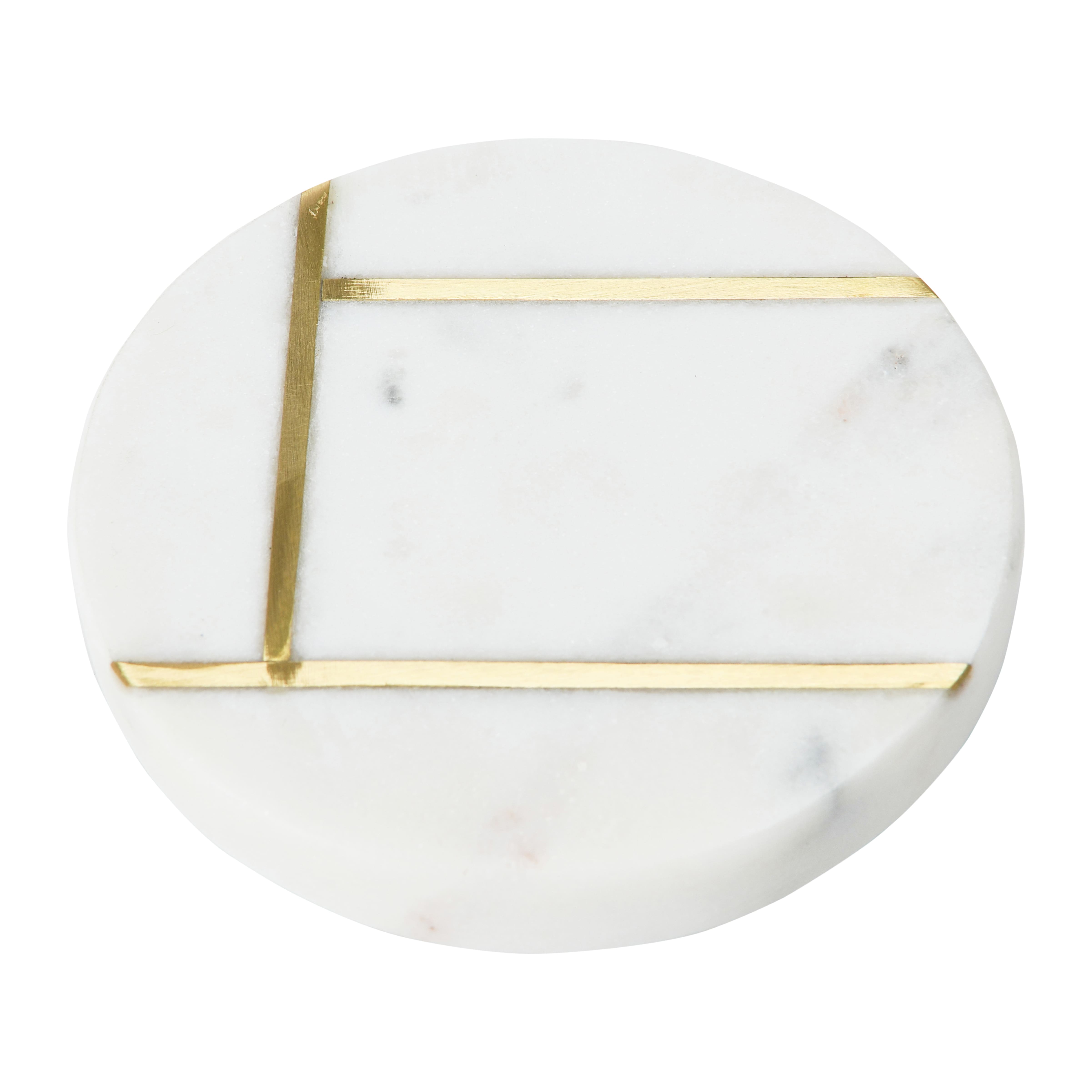 Hello Honey&#xAE; White Round Marble Coaster Set with Brass Inlay