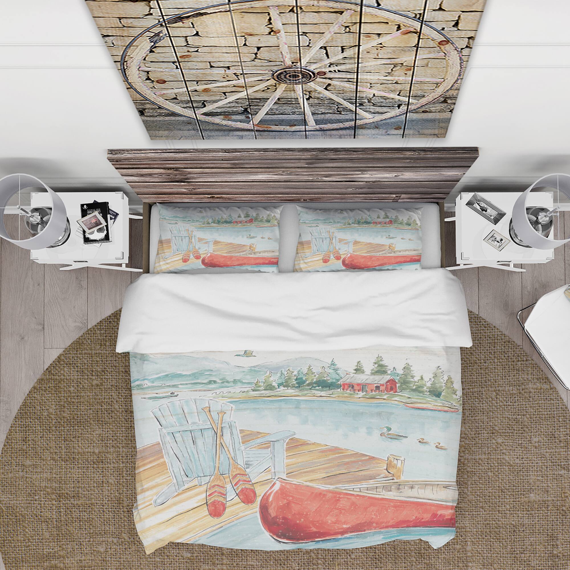 Designart &#x27;Lake House Canoes III&#x27; Cottage Bedding Set - Duvet Cover &#x26; Shams
