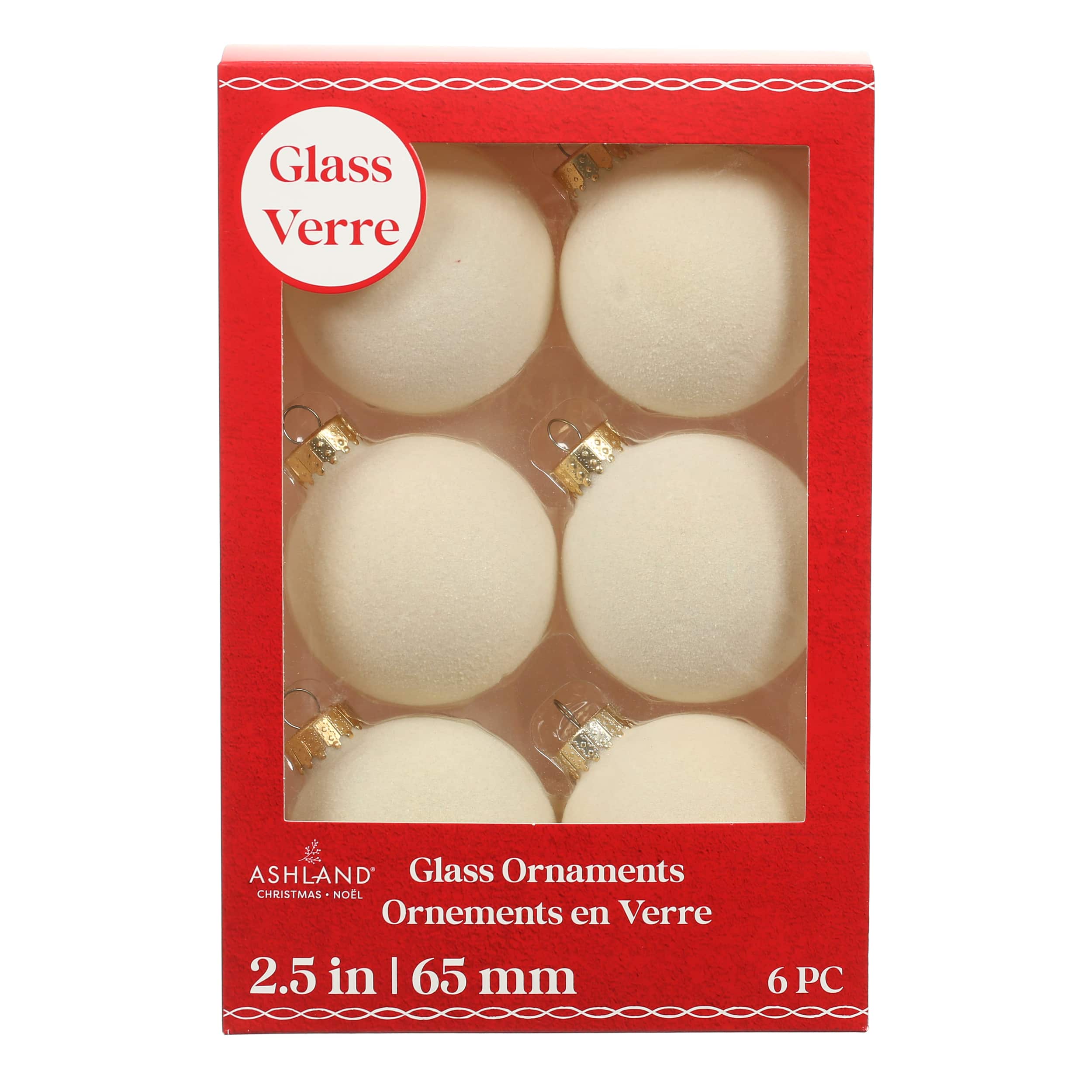 6 Pack 2.5&#x22; Cream Flocked Glass Ball Ornaments by Ashland&#xAE;