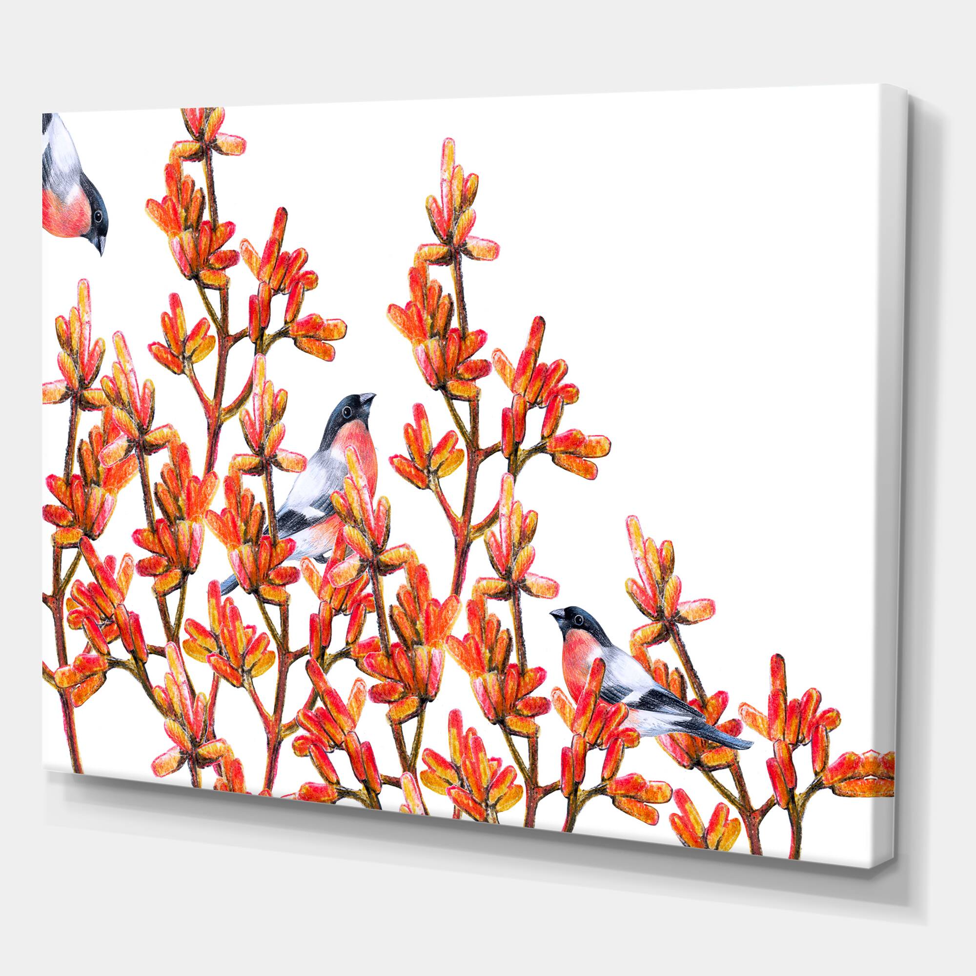 Designart - Flock of Bullfinches Birds on Orange Branches - Traditional Canvas Wall Art Print