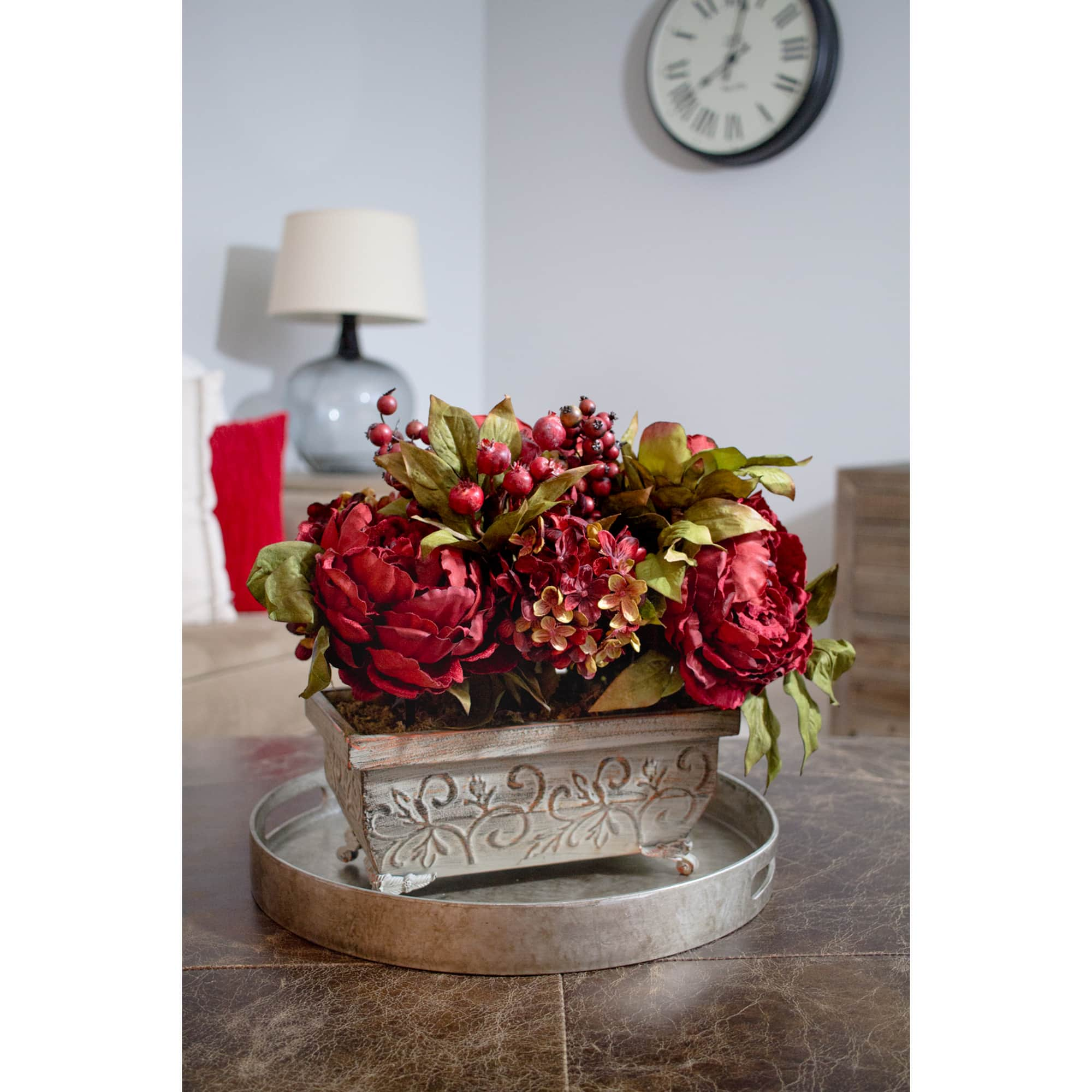 18&#x22; Red Peony &#x26; Hydrangea Arrangement in Decorative Planter