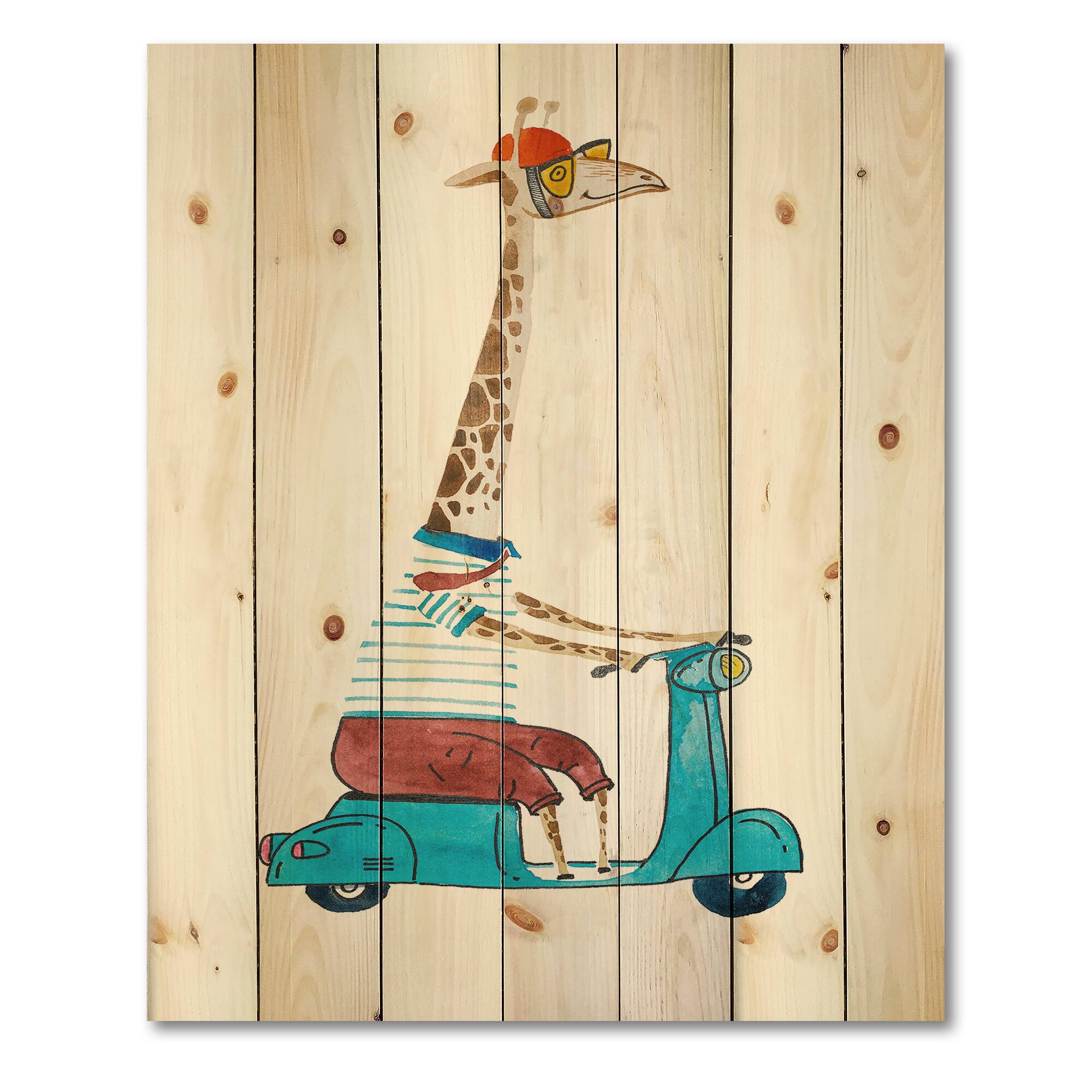 Designart - Giraffe Dressed Up Wearing Helmet & Riding Scooter - Children's Art Print on Natural Pine Wood