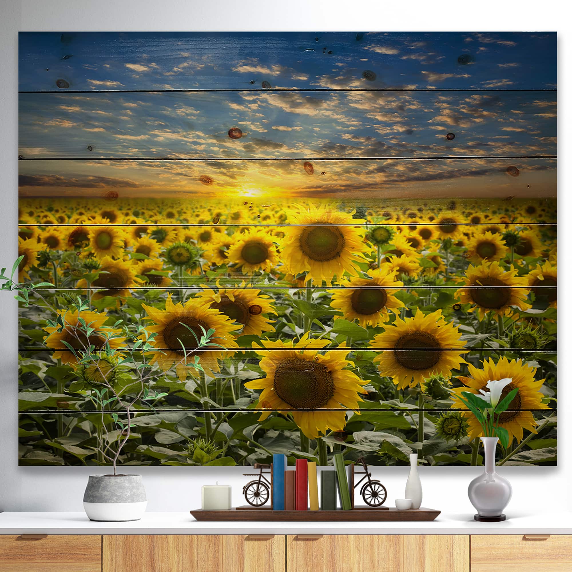 Designart - Field of Blooming Sunflowers - Flower Print on Natural Pine Wood