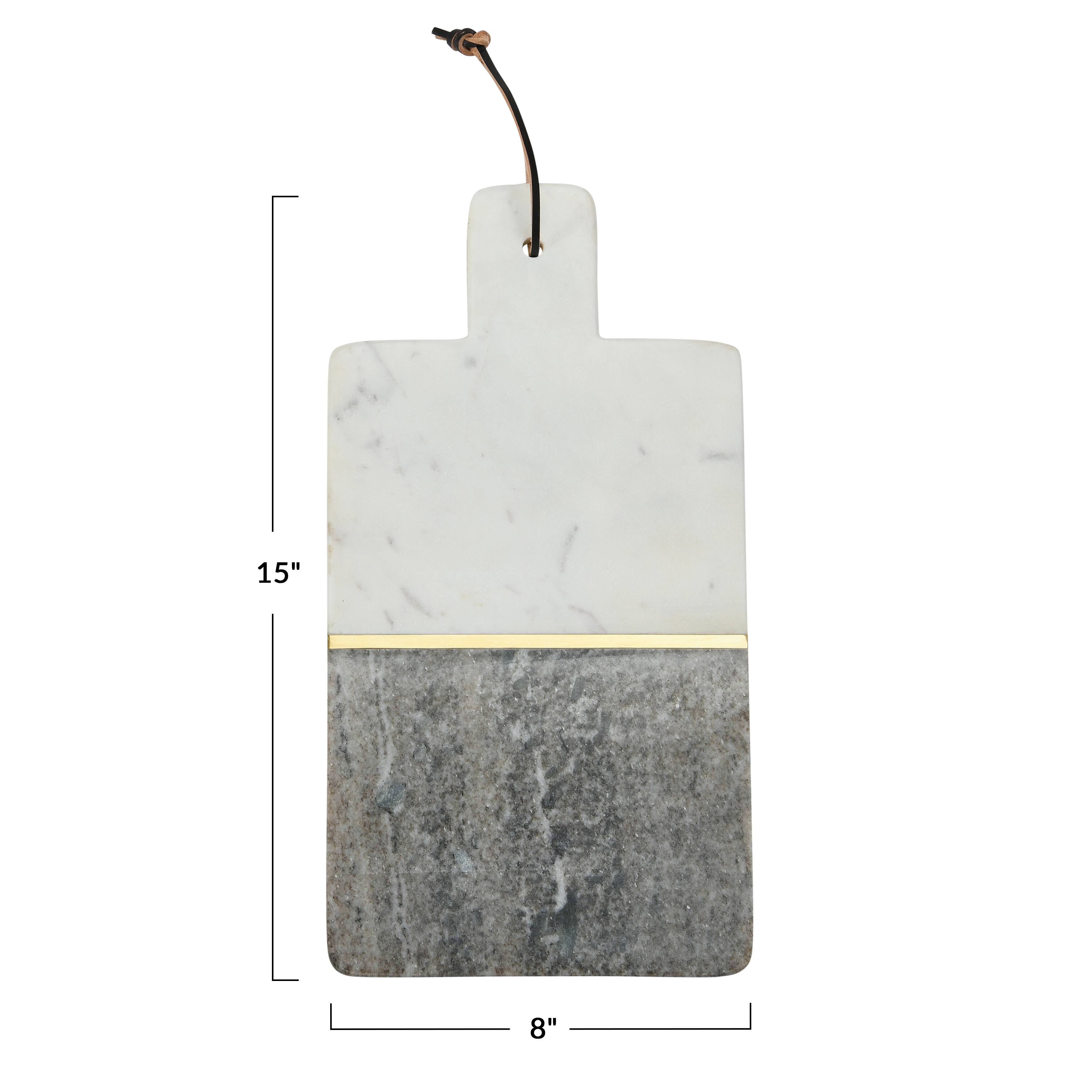 15&#x22; Gray and White Boho 2-Tone Marble Charcuterie or Cutting Board with Brass Inlay and Leather Tie