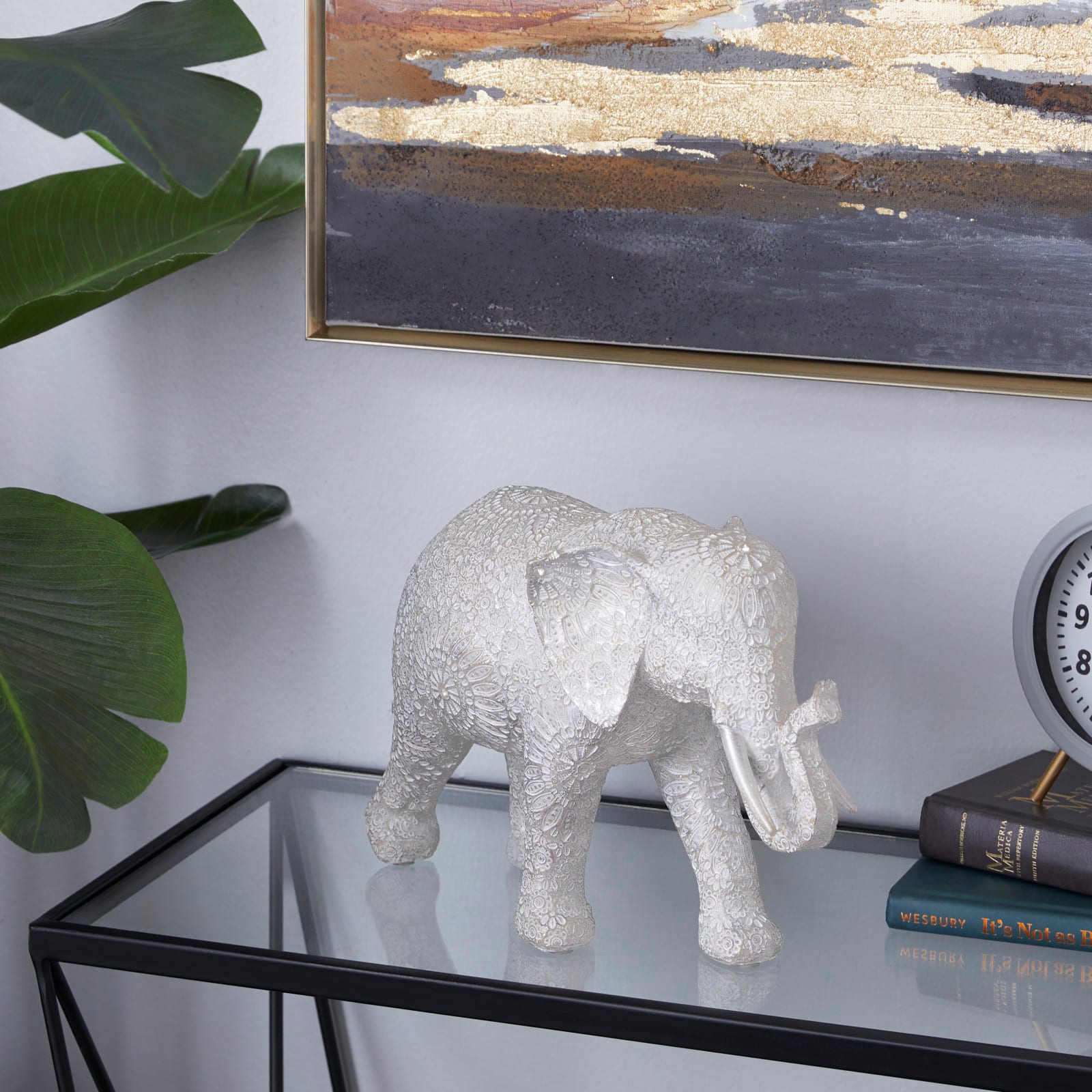 14&#x22; White Resin Eclectic Elephant Sculpture