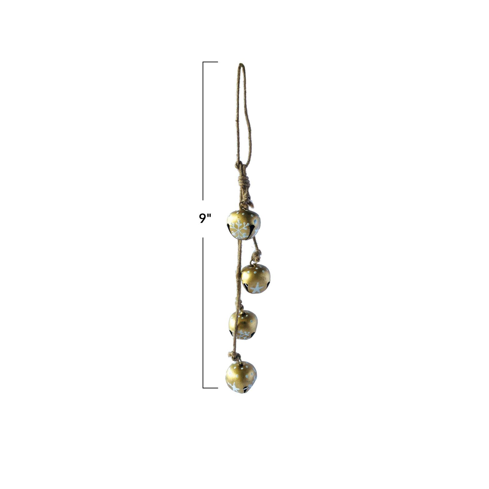 Hello Honey&#xAE; 9&#x22; Hanging Metal Jingle Bells with Hand-Painted Stars &#x26; Snowflakes on Jute Rope Hanger