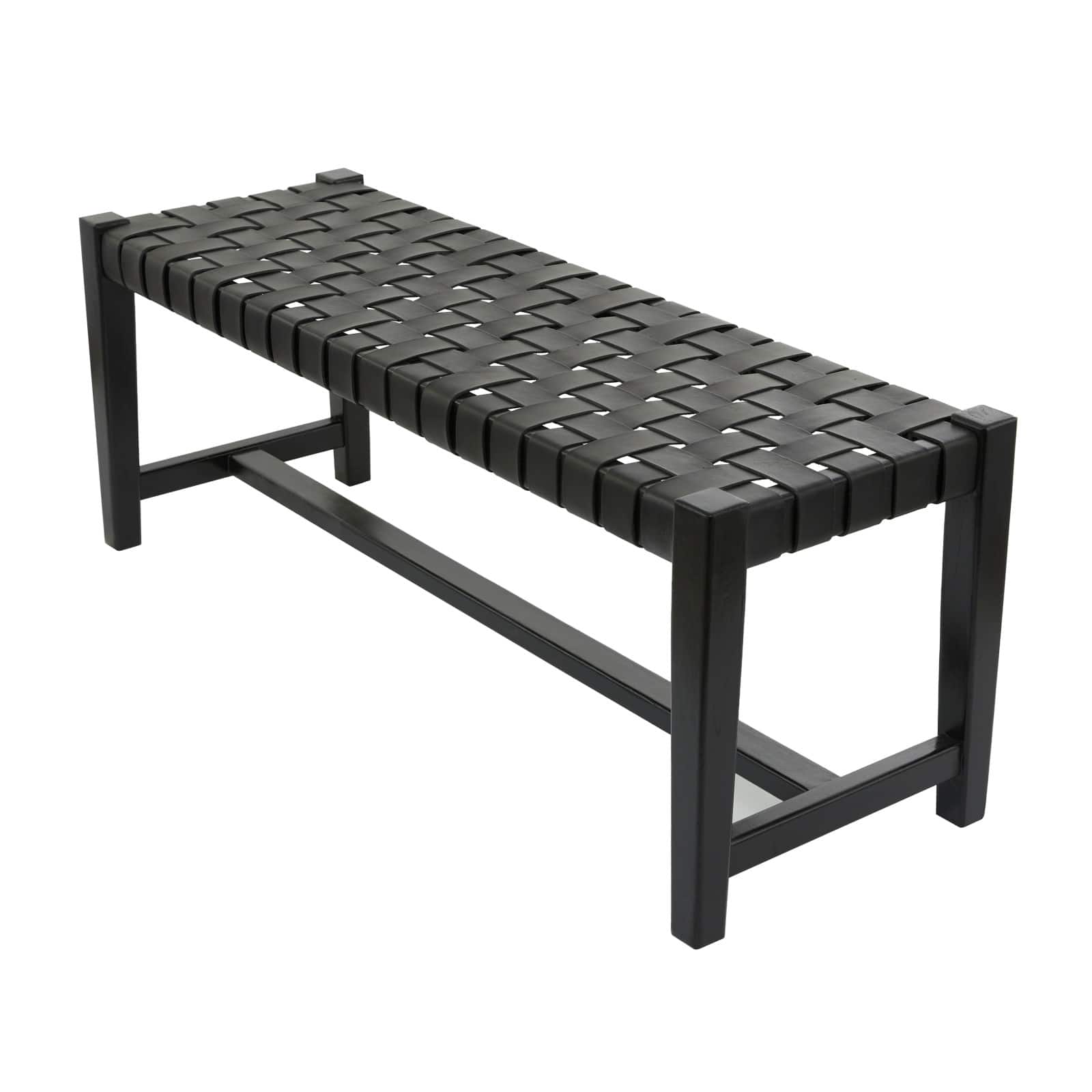 47" Black Leather Handmade Woven Seat Bench
