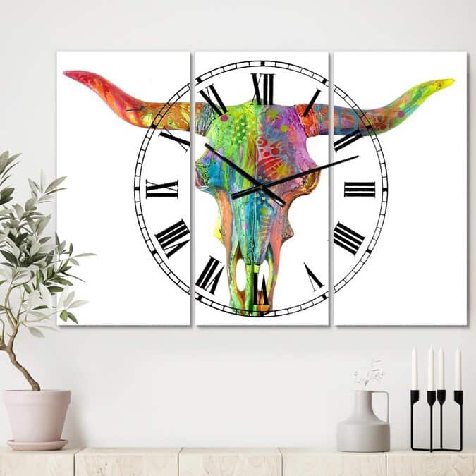 Designart Longhorn Rainbow Skull Oversized Modern 3 Panel Wall Clock