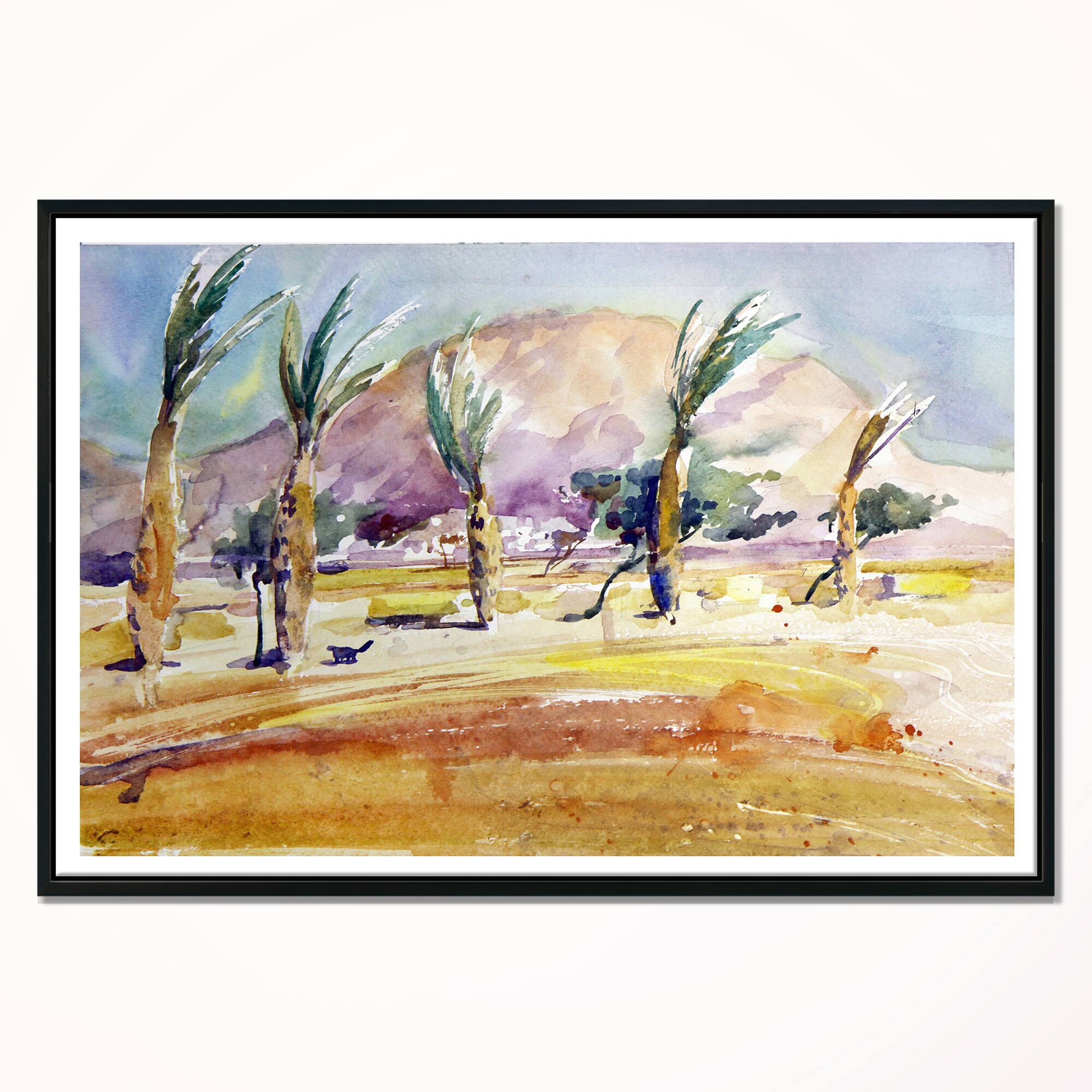 Designart - Watercolor Sea and Palm - Landscape Art Print Canvas in Black Frame