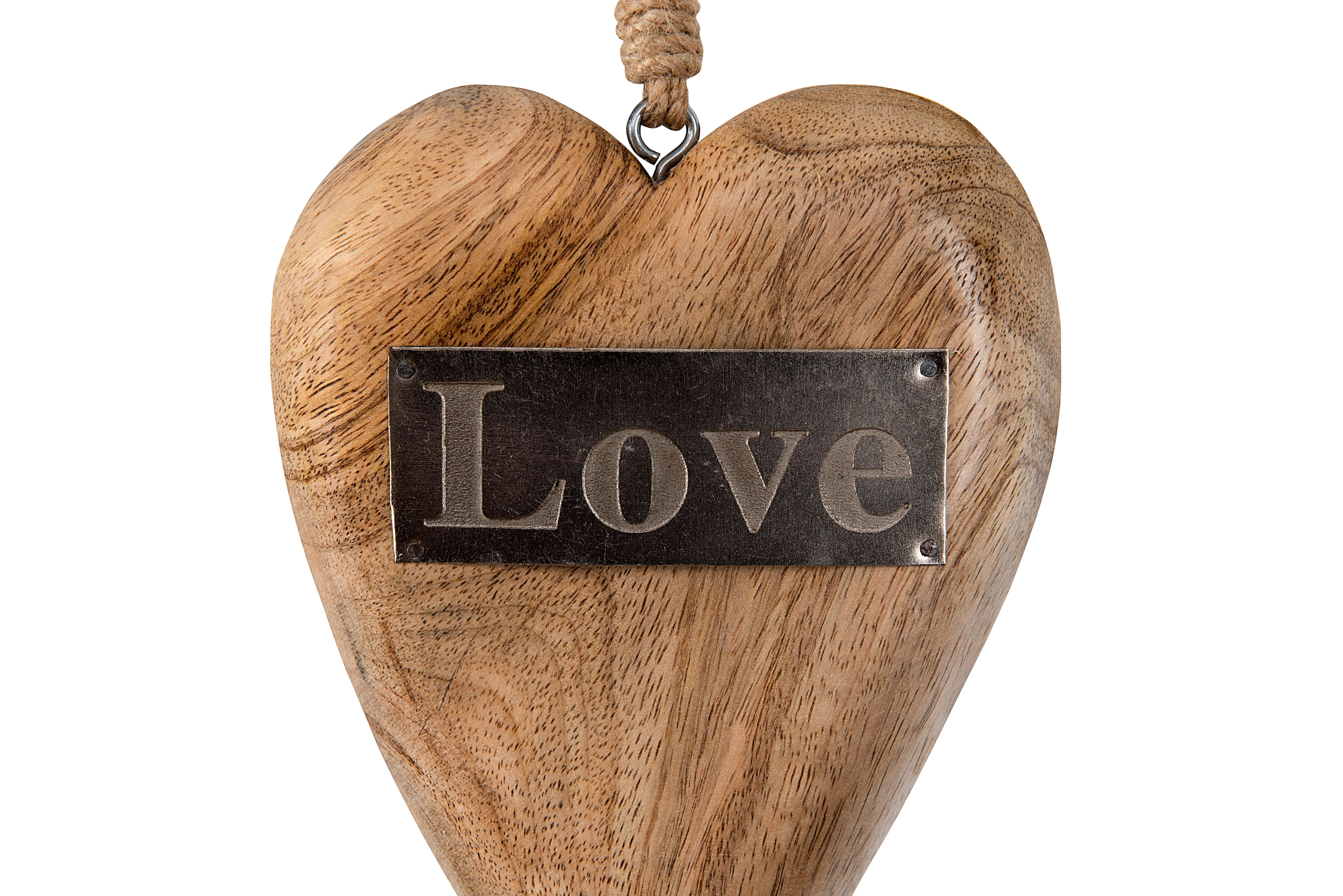 Mango Wood Hanging Heart with Metal Love