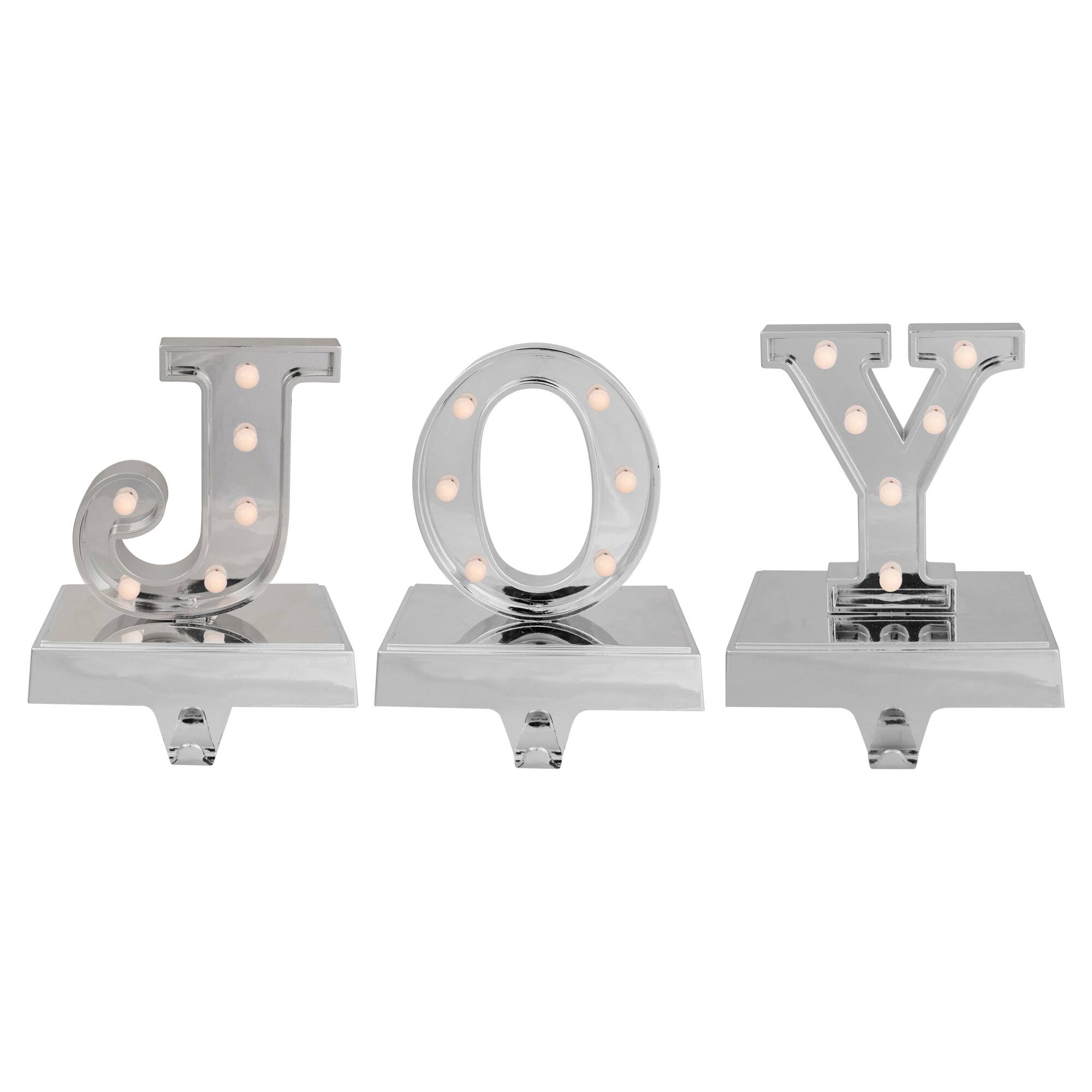 6.5" Silver LED JOY Christmas Stocking Holder Set