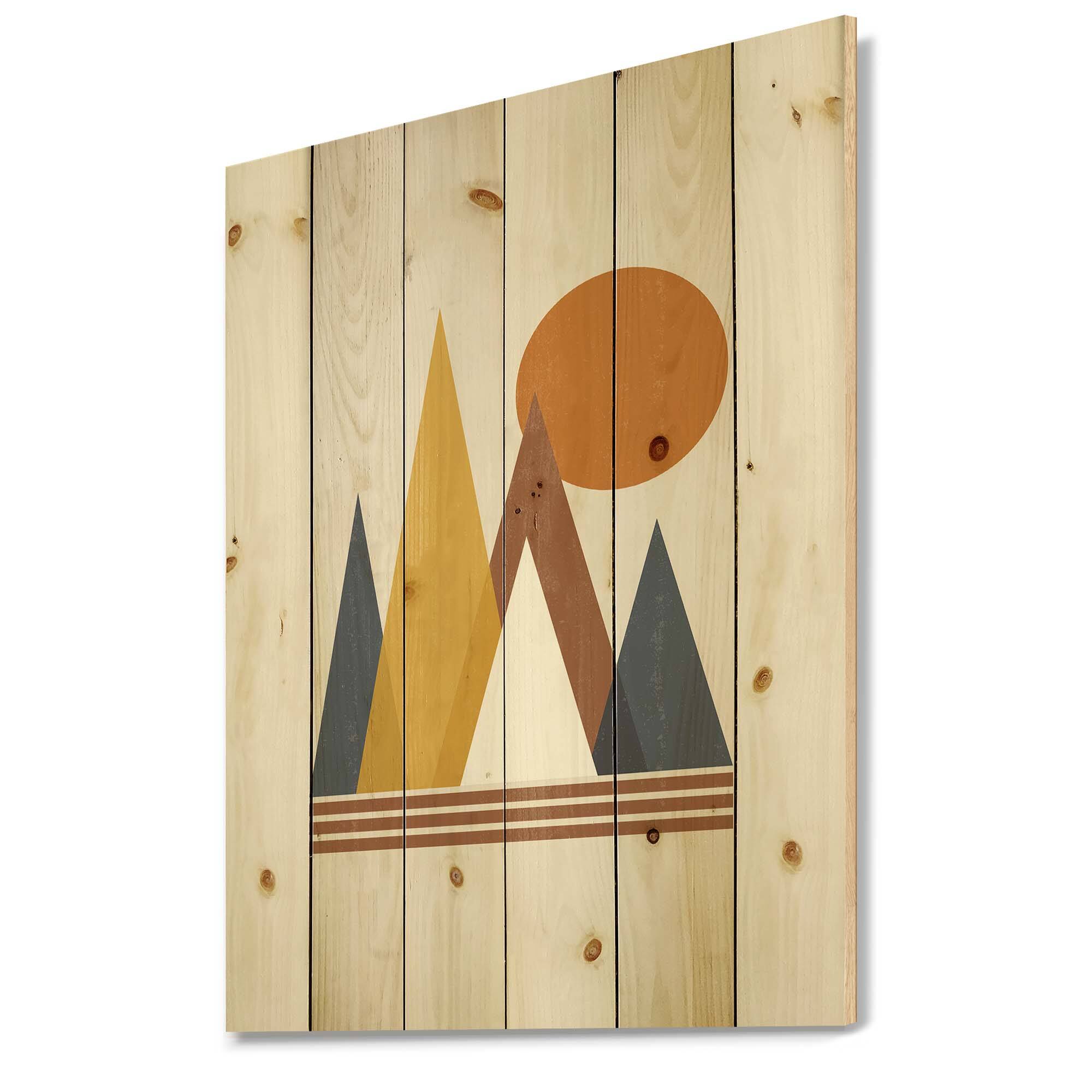 Designart - Mountain Abstract and Sun - Modern Print on Natural Pine Wood