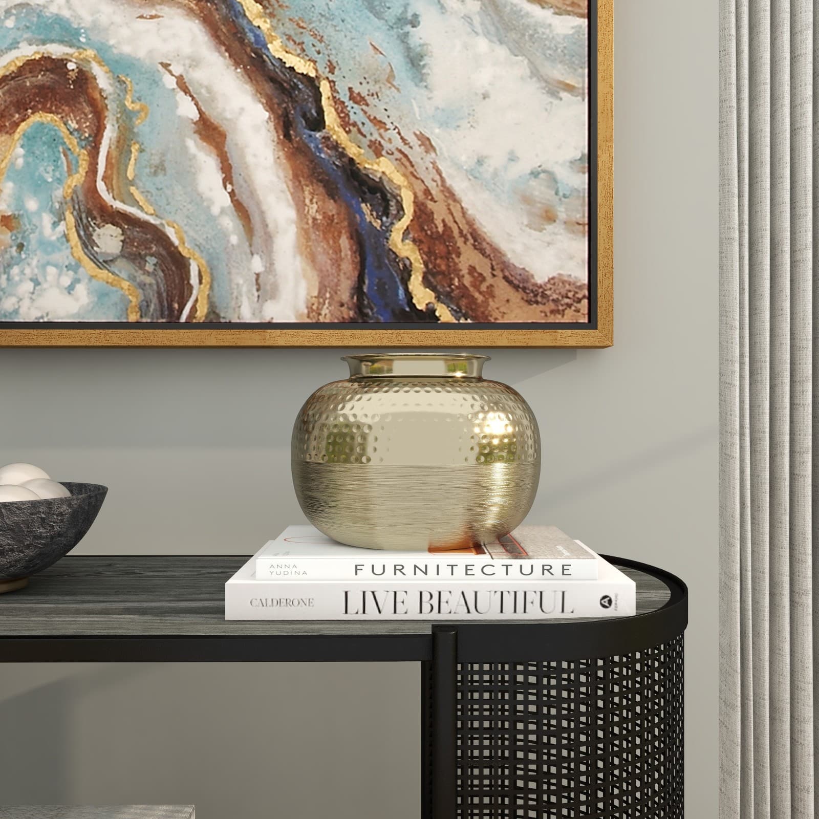 7&#x22; Gold Aluminum Brushed Vase with Hammered Top
