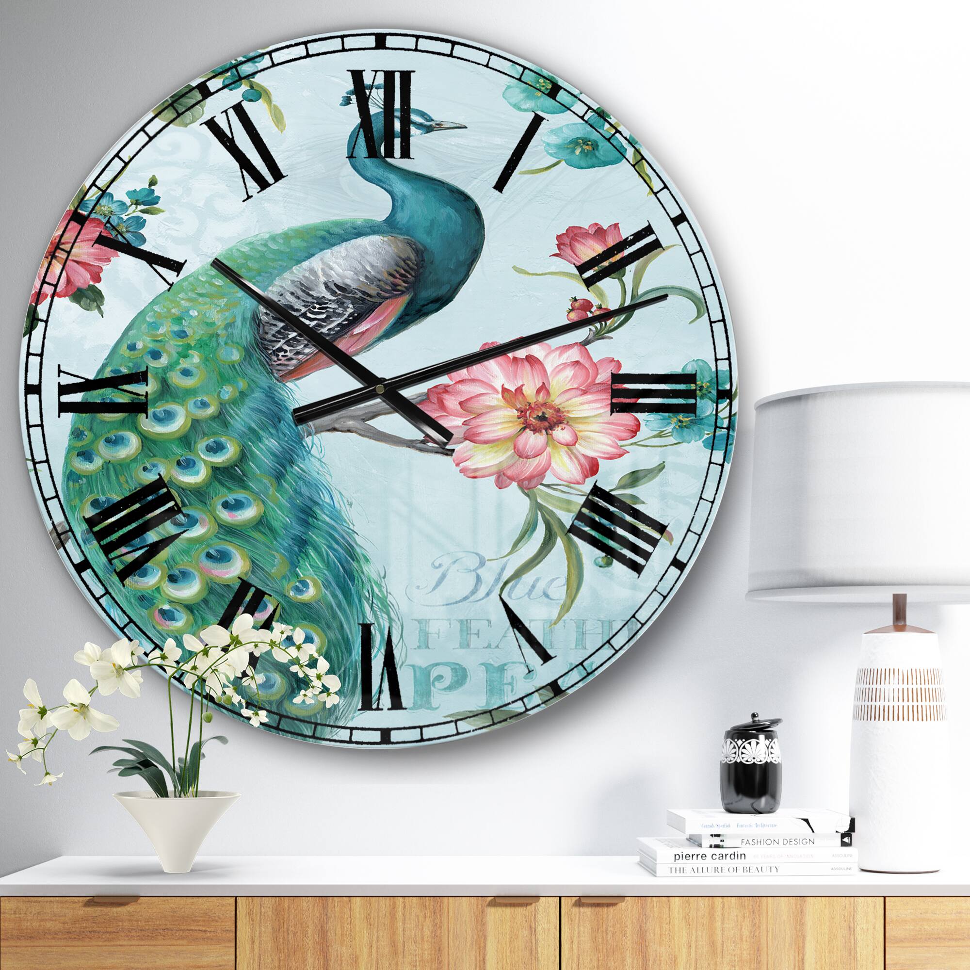 Designart 'Handpainted Peacock Traditional Wall Clock