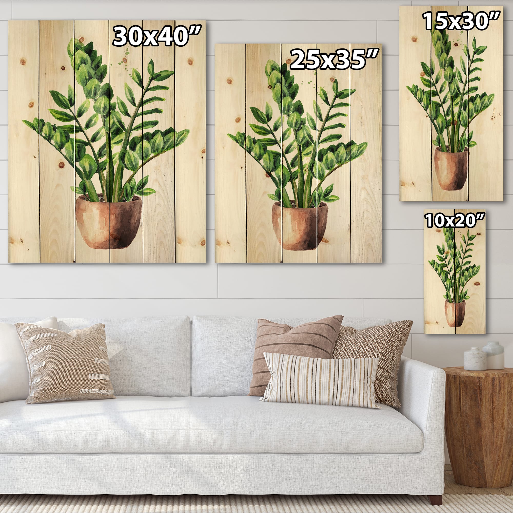 Designart - Zamioculcas Tropical Plant With Green Leaves - Traditional Print on Natural Pine Wood