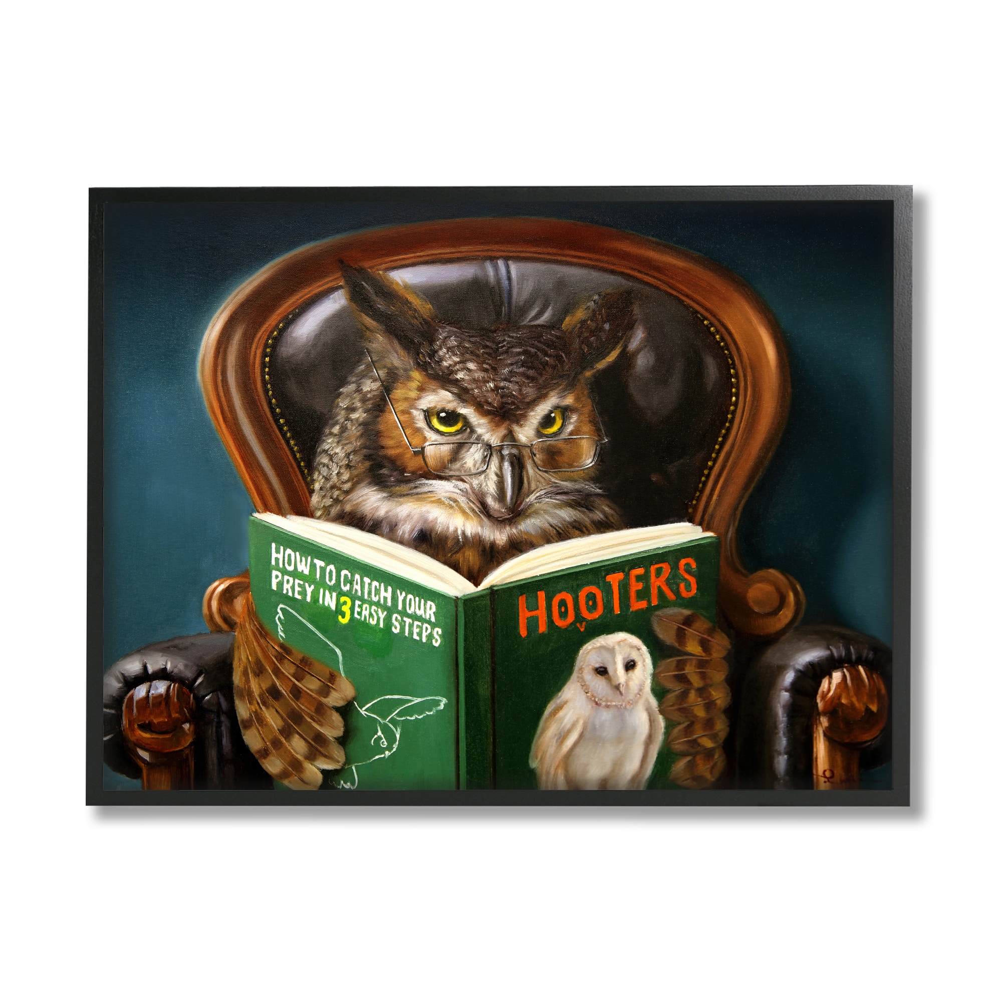 Stupell Industries Funny Owl Reading Leather Chair Hoot Book Novelty Painting Black Framed Art Print Wall Art, 24 x 30, Design by Lucia Heffernan