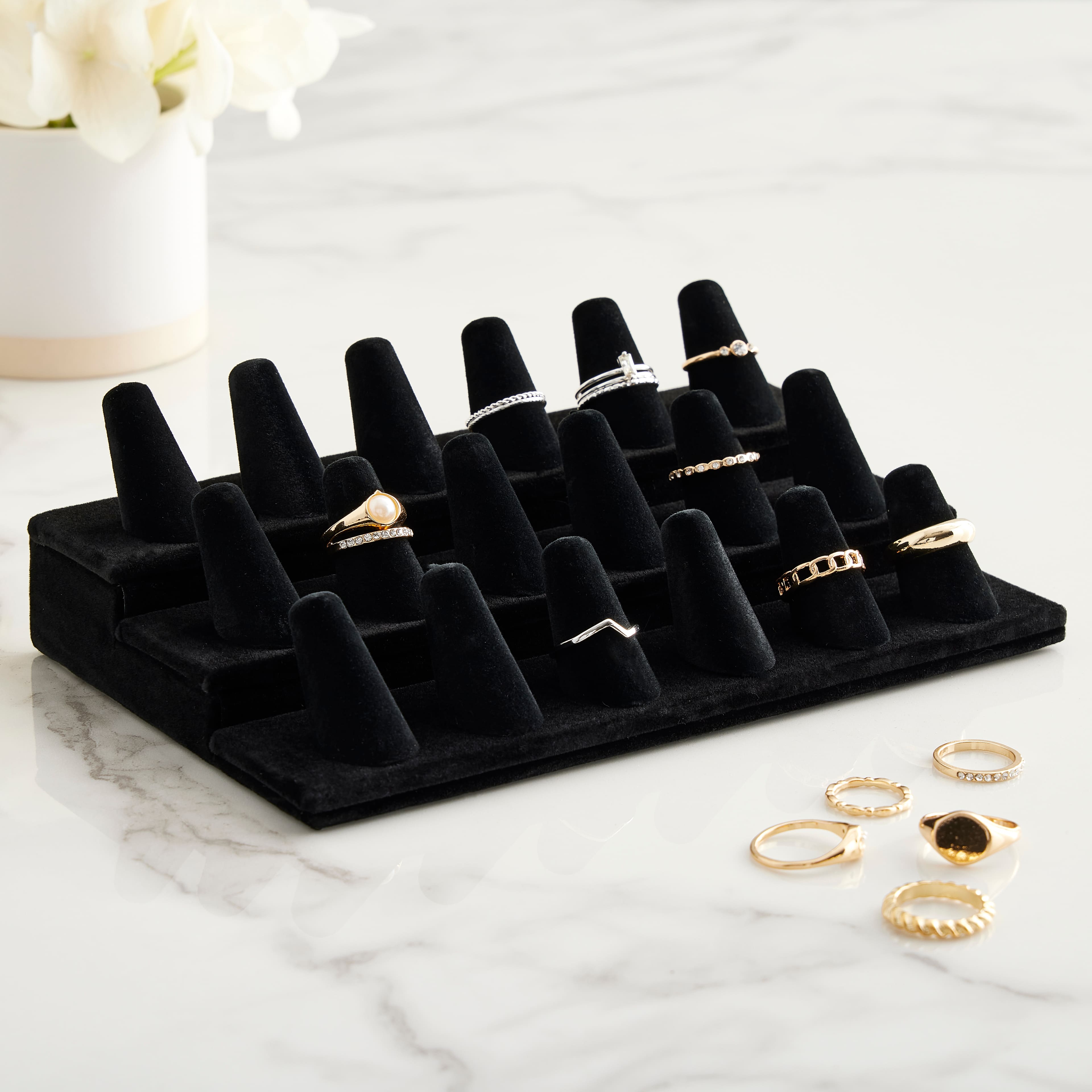6 Pack: Black Velvet 3-Tier Ring Peg Display by Bead Landing™