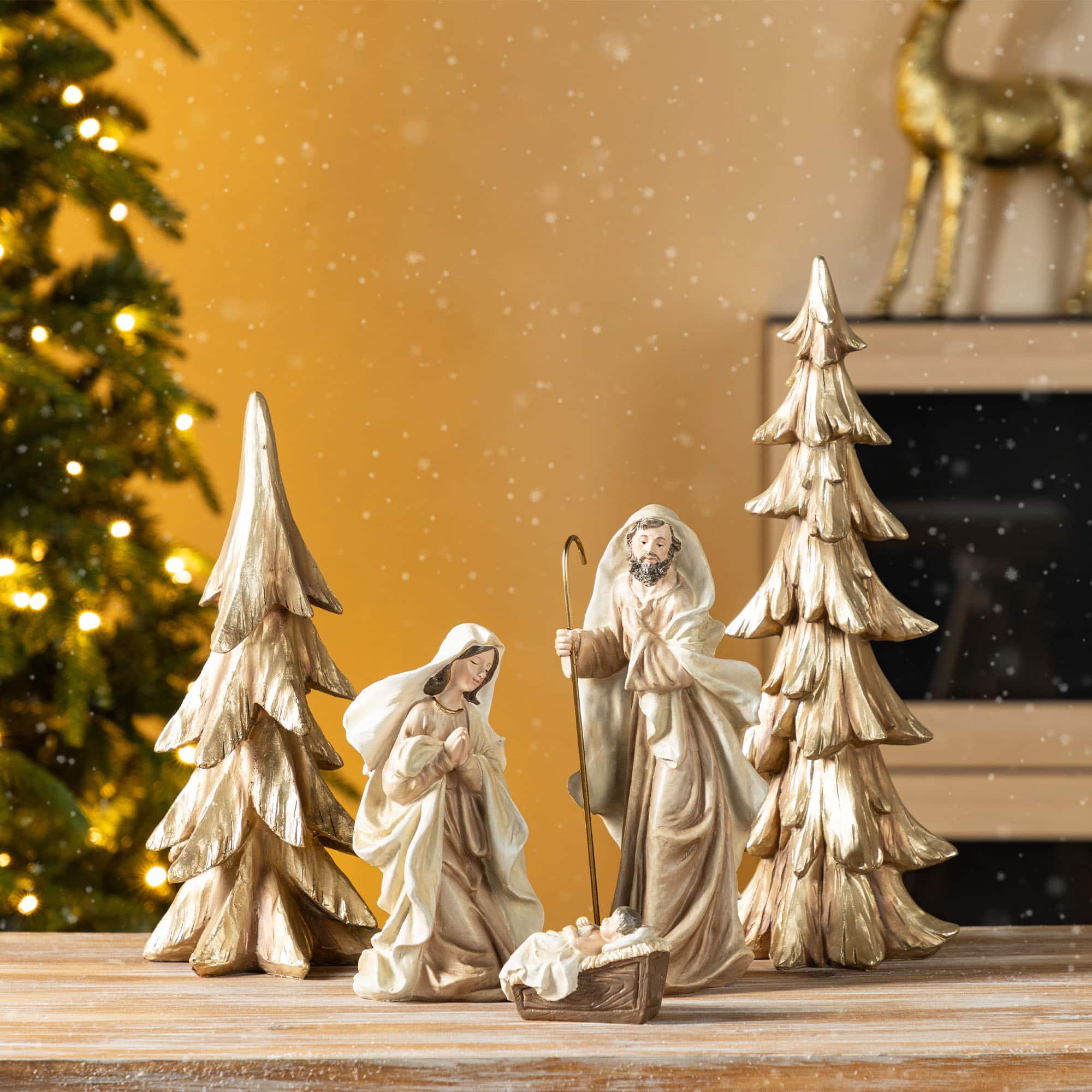 Glitzhome® 5-Piece Gold Resin Holy Family with Christmas Trees Set