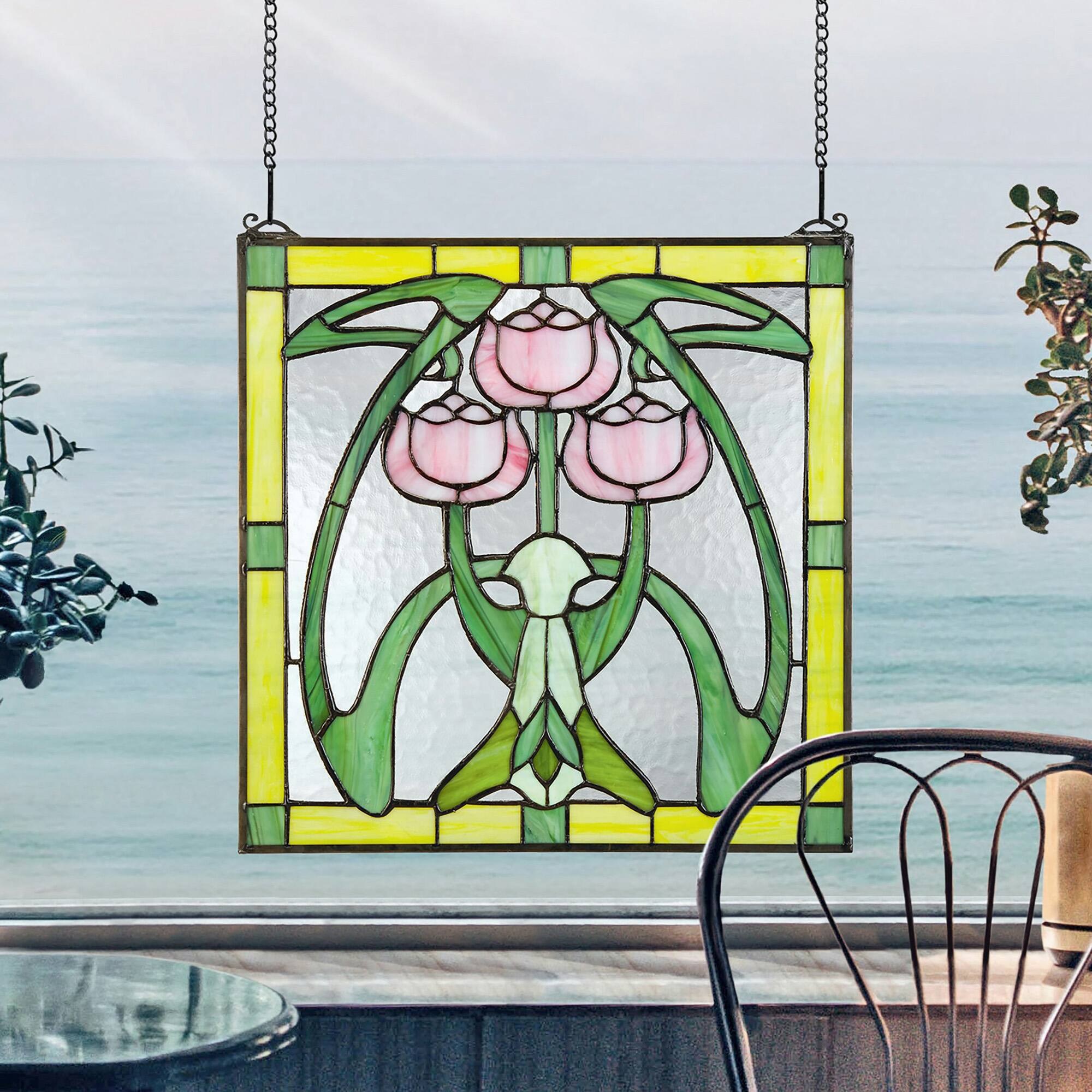 Design Toscano 17" Glasgow Basket Tiffany-Style Stained Glass Window Hanging Décor