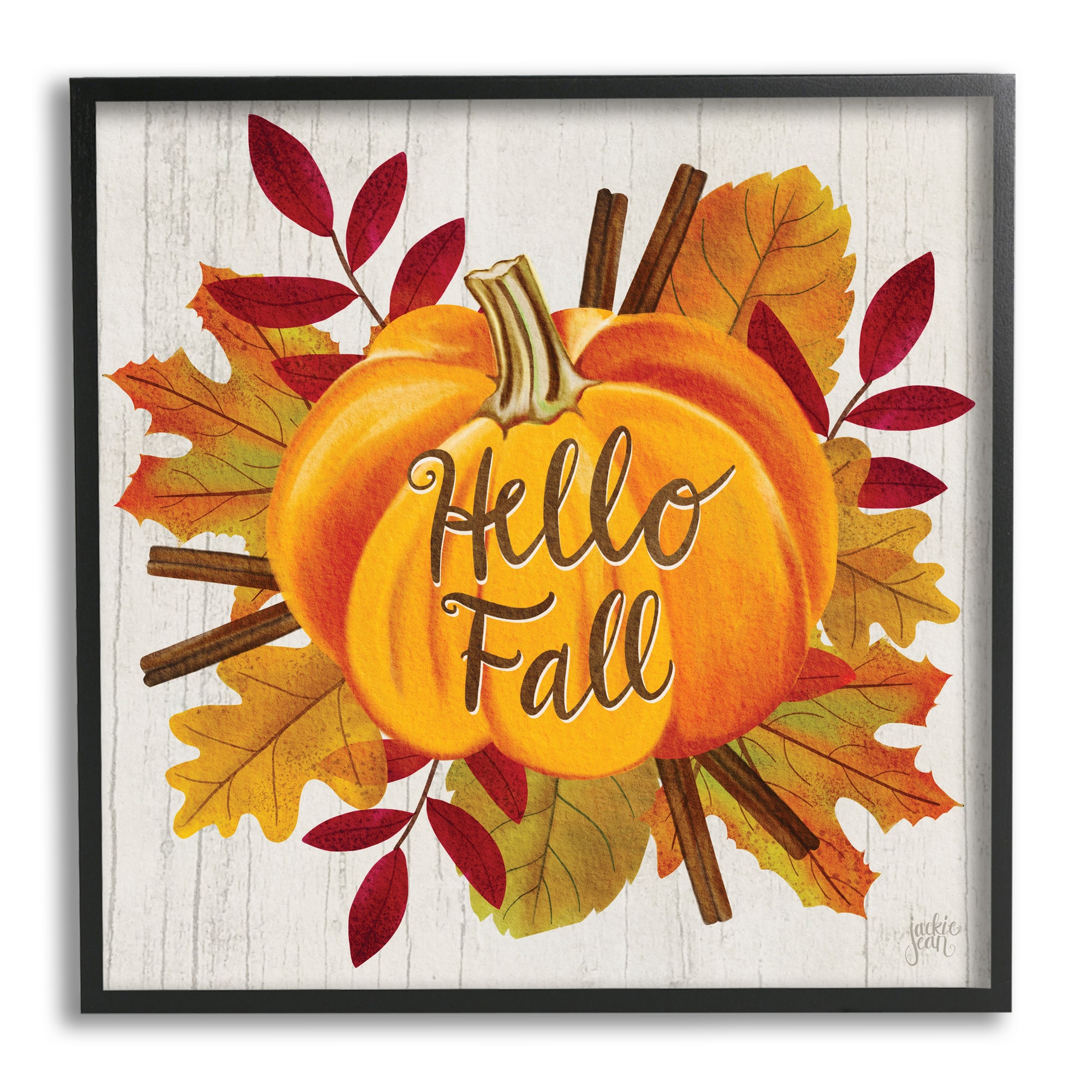 Stupell Industries Hello Fall Sentiment Orange Pumpkin Autumn Tree Leaves Black Framed Wall Art. 24" x 24"