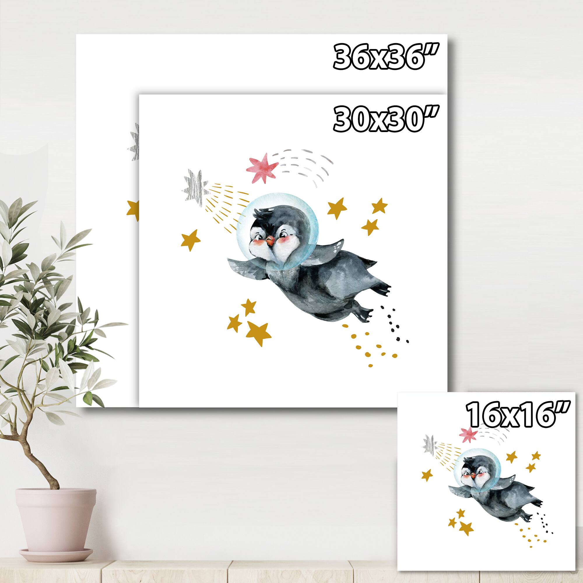 Designart - Little Penguin Flying Stars and Planets I - Farmhouse Canvas Wall Art Print