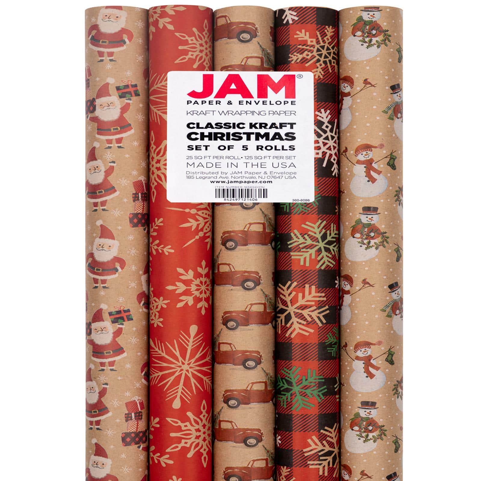 Jam Paper Kraft Wrapping Paper Rolls, 125 Sq. ft., Kraft Christmas Set, 5