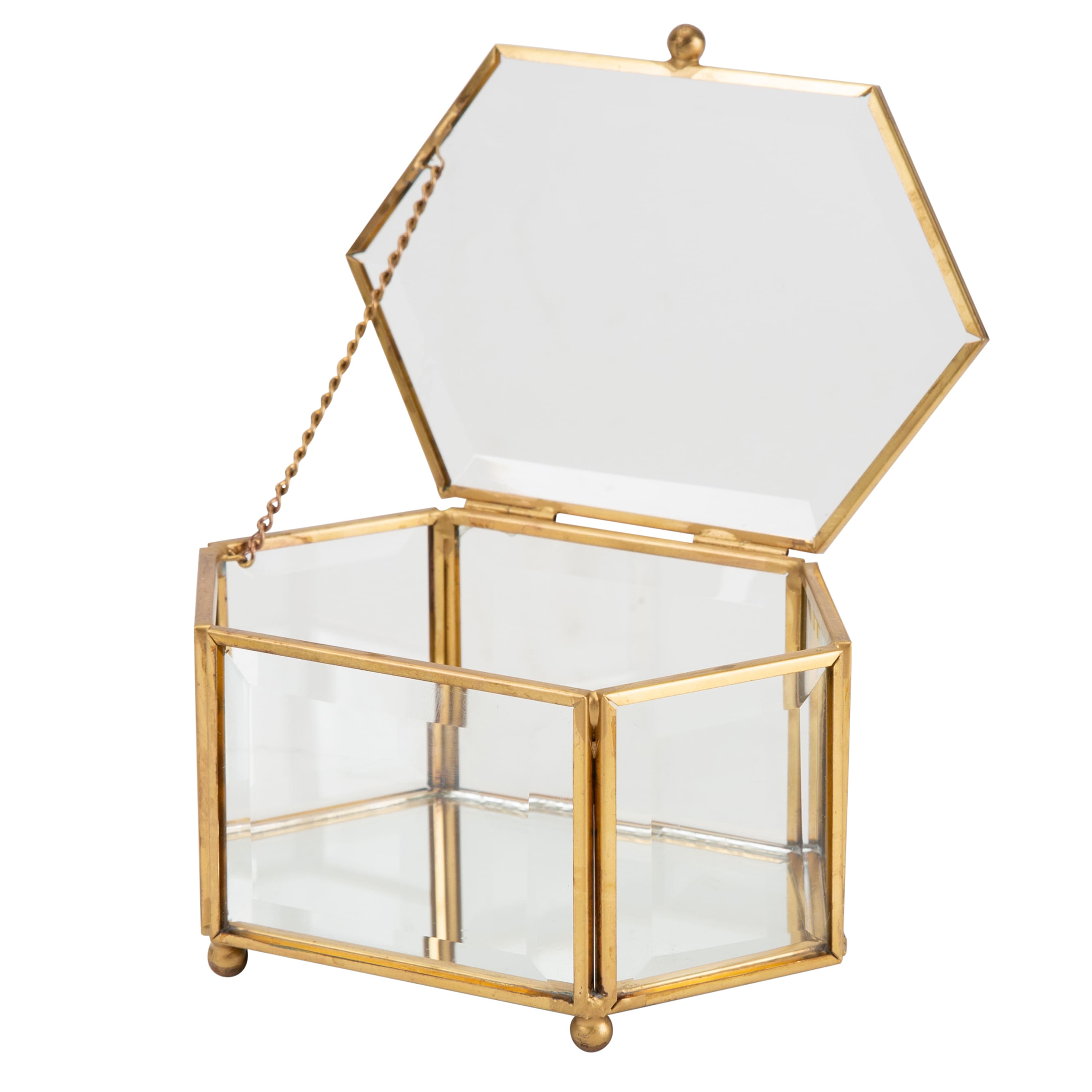 Home Details Vintage Mirrored Bottom Gold Hexagonal Glass Keepsake Box