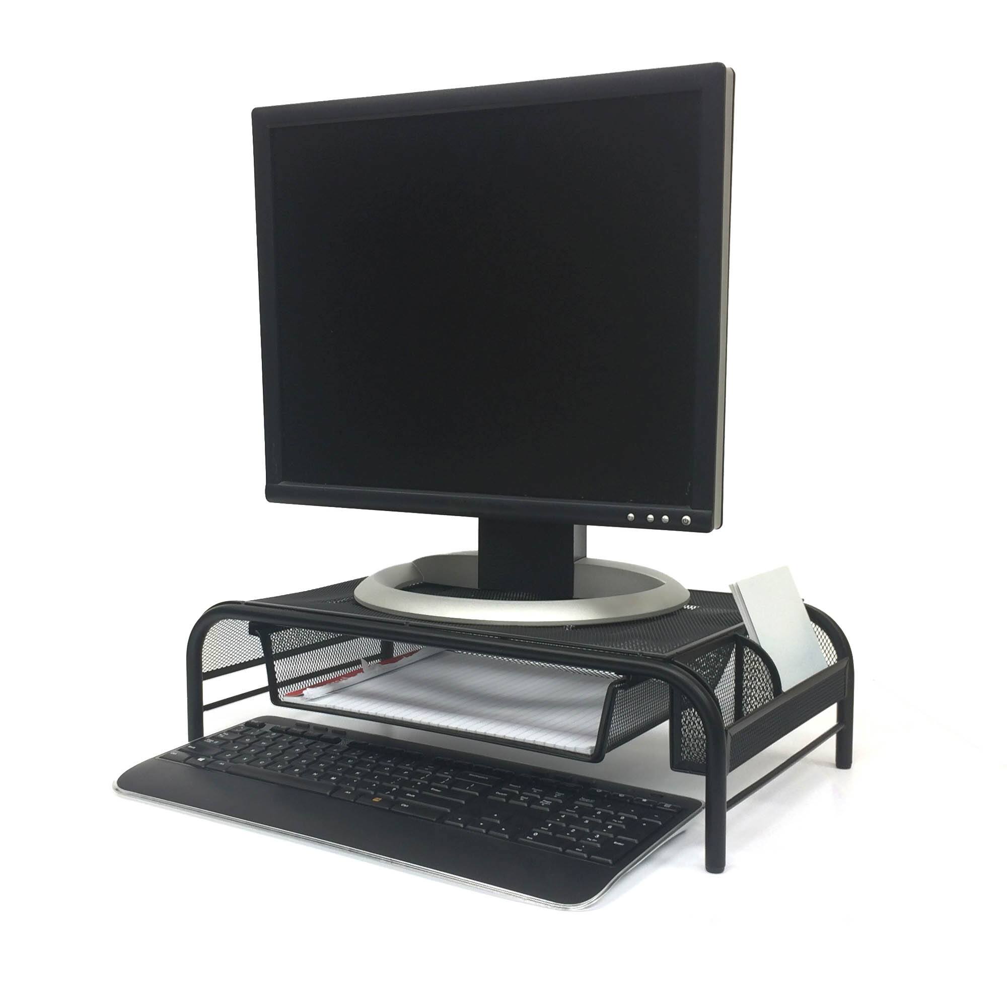 Mind Reader Black Metal Mesh Monitor Riser Stand &#x26; Desk Organizer With Drawer Set