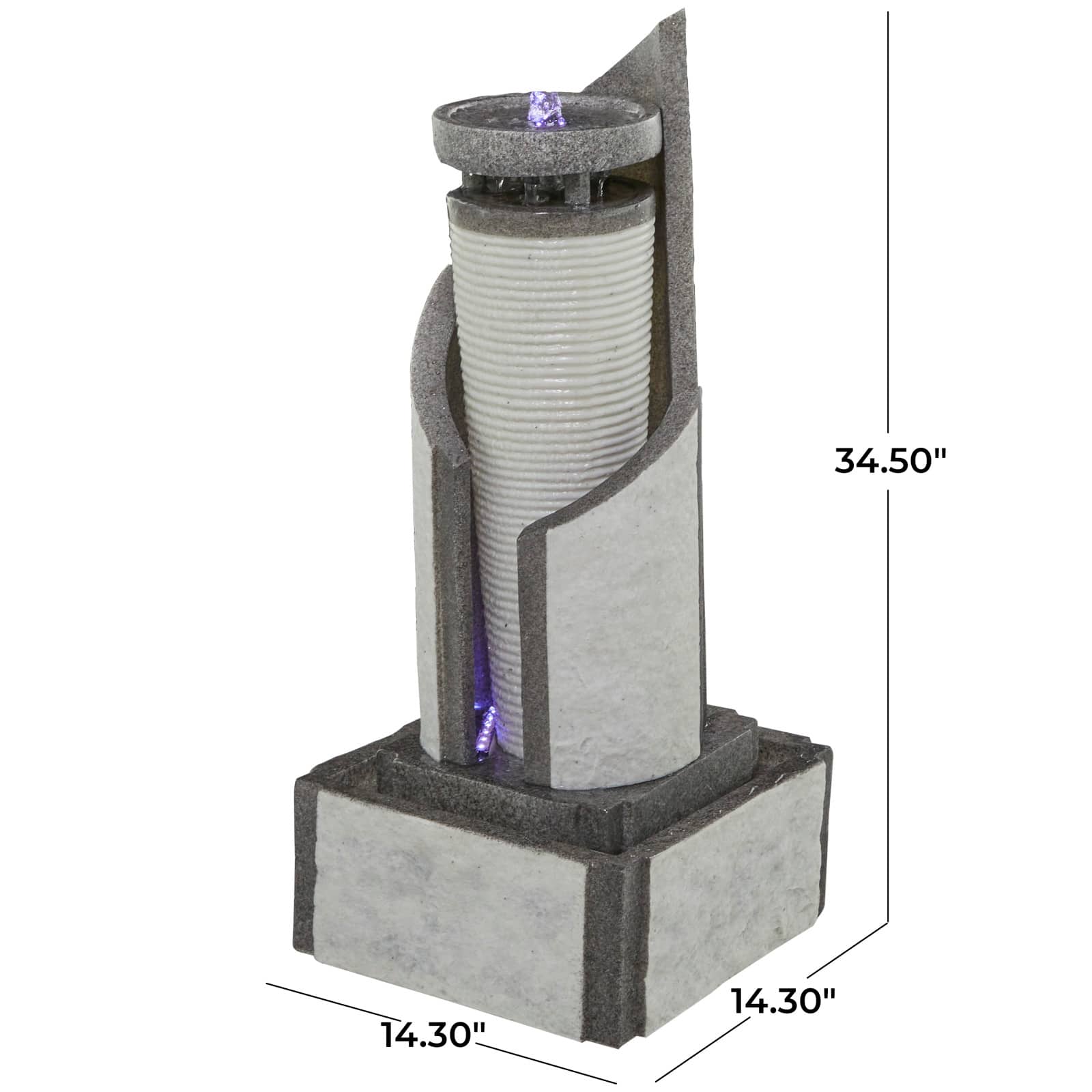 34.5" Light Gray Fiberglass 2-Tier Geometric Fountain with LED Light