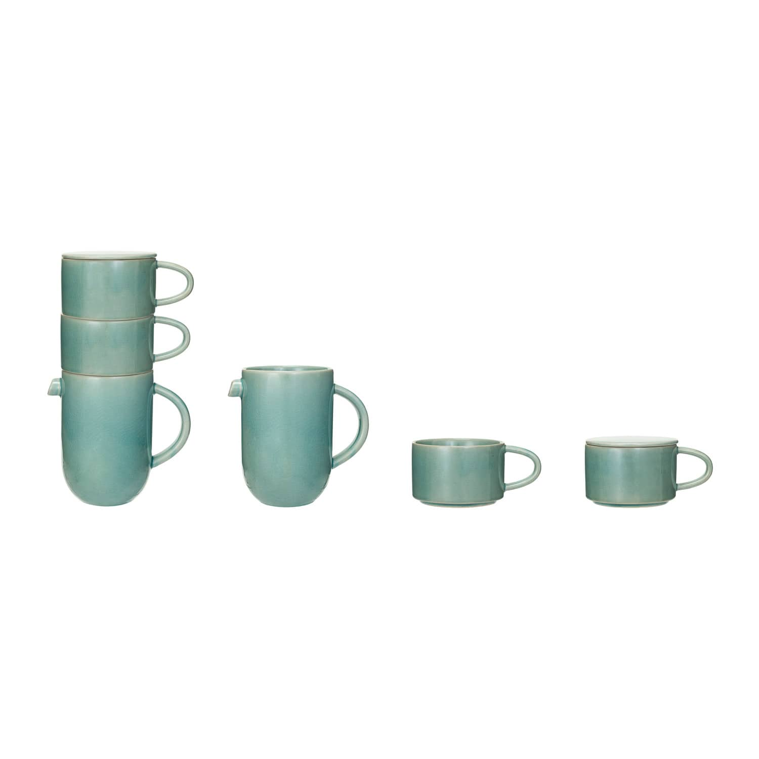 Aqua Stoneware Pitcher with Stackable Mugs &#x26; Lid Set