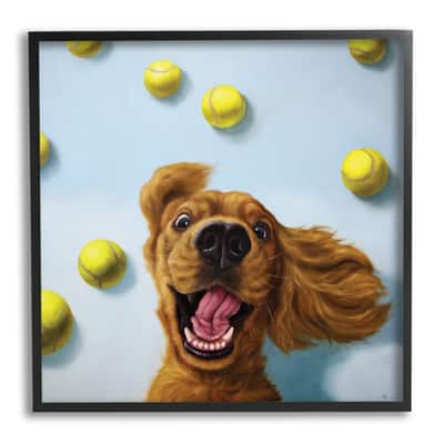Stupell Industries Happy Smiling Pet Dog with Yellow Tennis Balls in Black Frame Wall Art in Blue | 17" x 30" | Michaels&reg;
