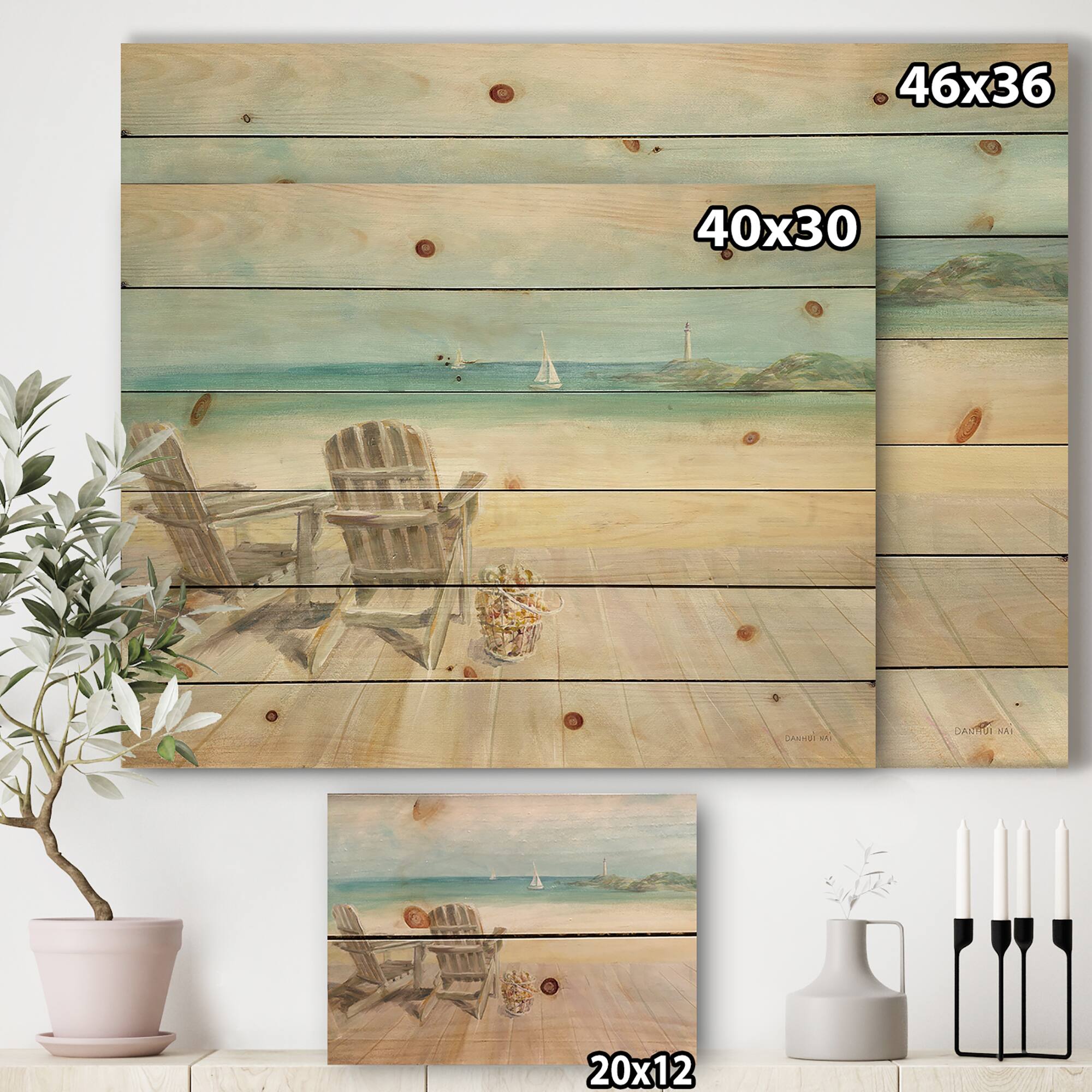 Designart - Seaside Morning no Window - Coastal Print on Natural Pine Wood