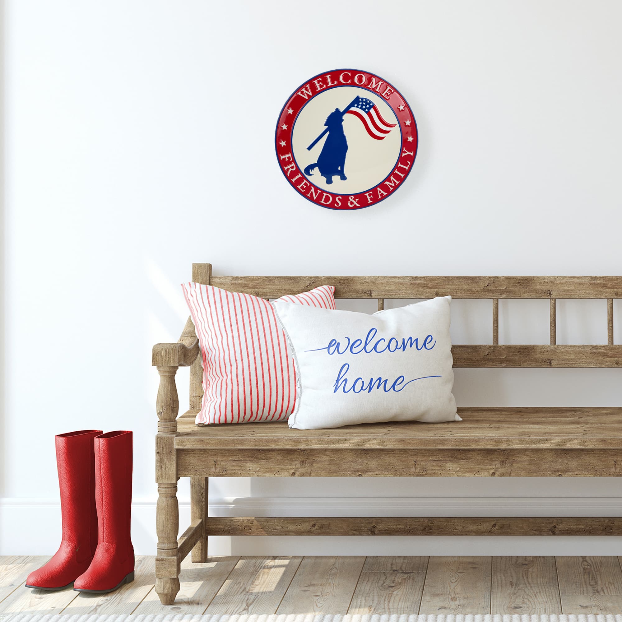 13.75&#x22; Welcome Friends &#x26; Family Patriotic Dog Metal Wall Sign