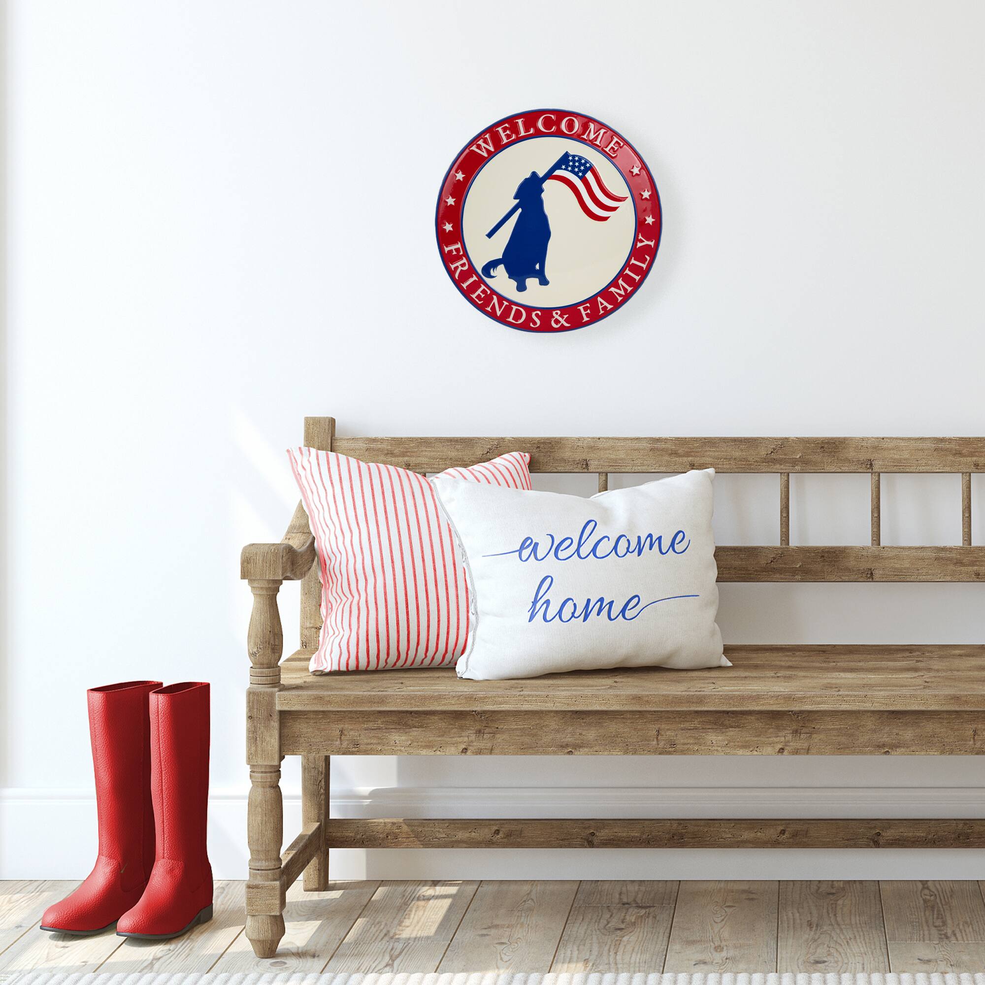 13.75" Welcome Friends & Family Patriotic Dog Metal Wall Sign