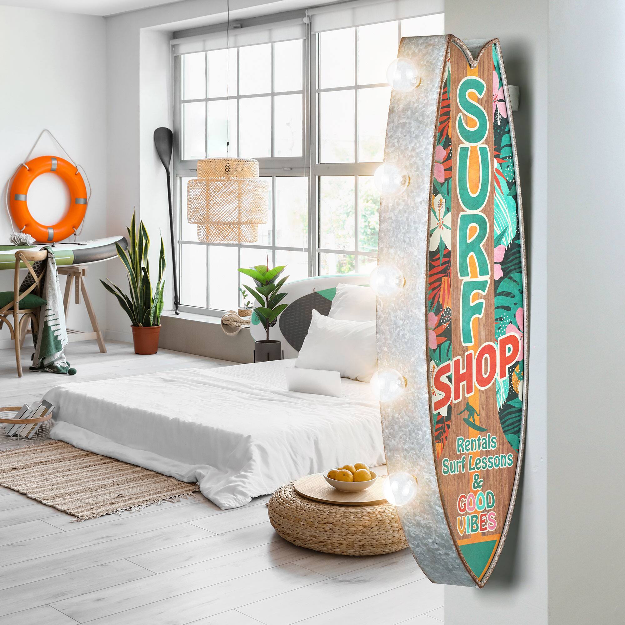 American Art Decor 25" Metal LED Surf Shop Rentals Surf Lessons & Good Vibes Marquee Sign