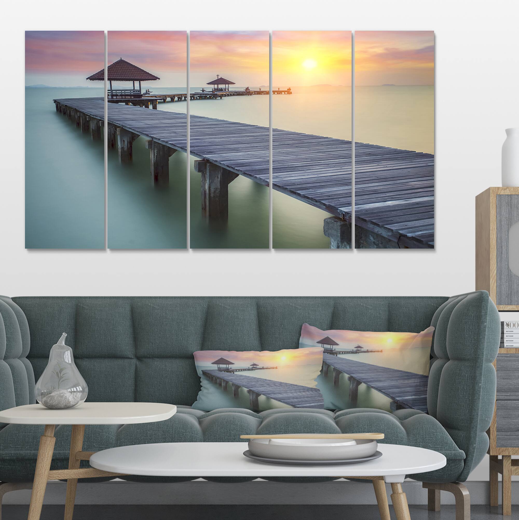 Designart - Wooden Sea Bridge and Sunset - Seashore Photo Canvas Print
