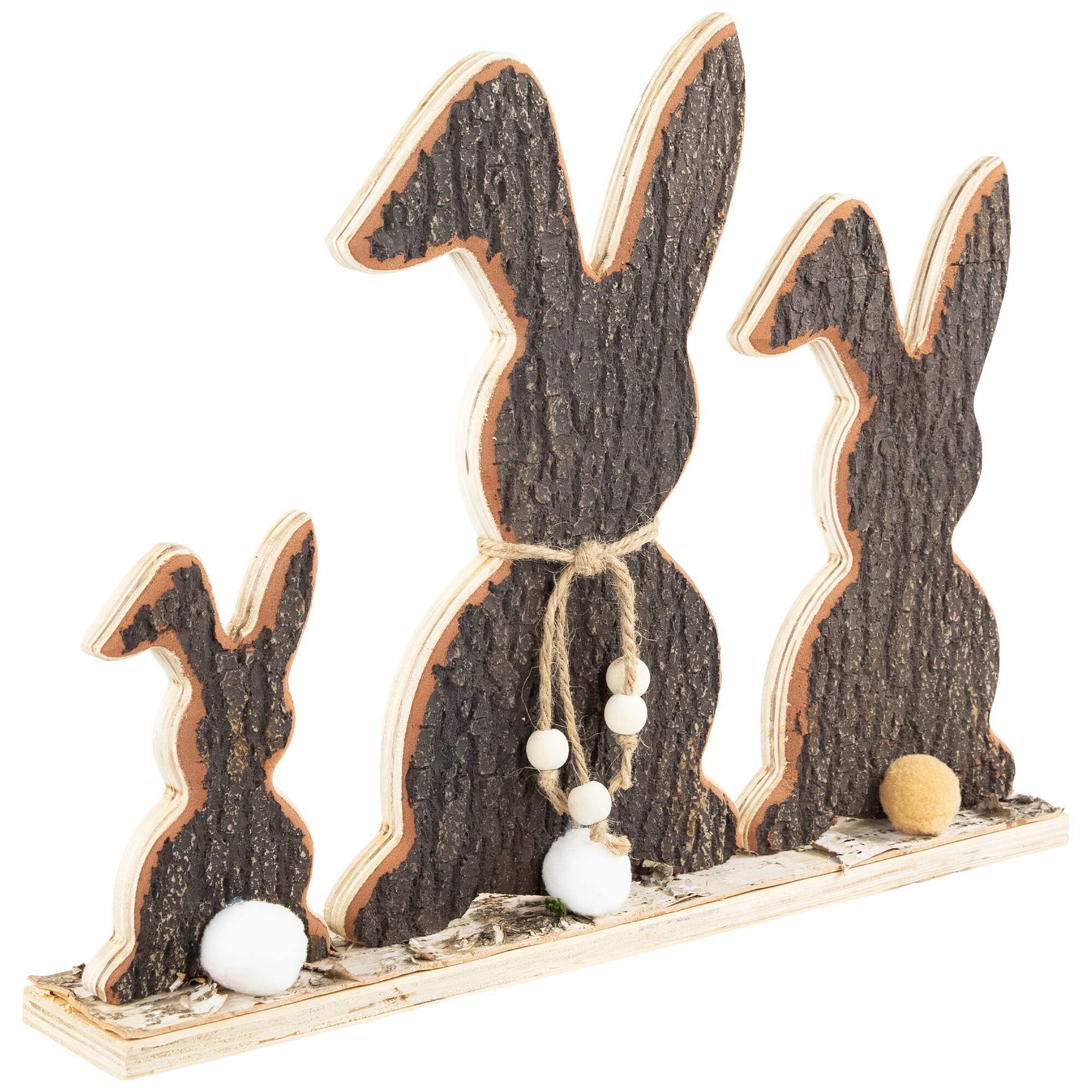 15.75&#x22; Rabbit Trio Wooden Tree Bark Easter Decoration