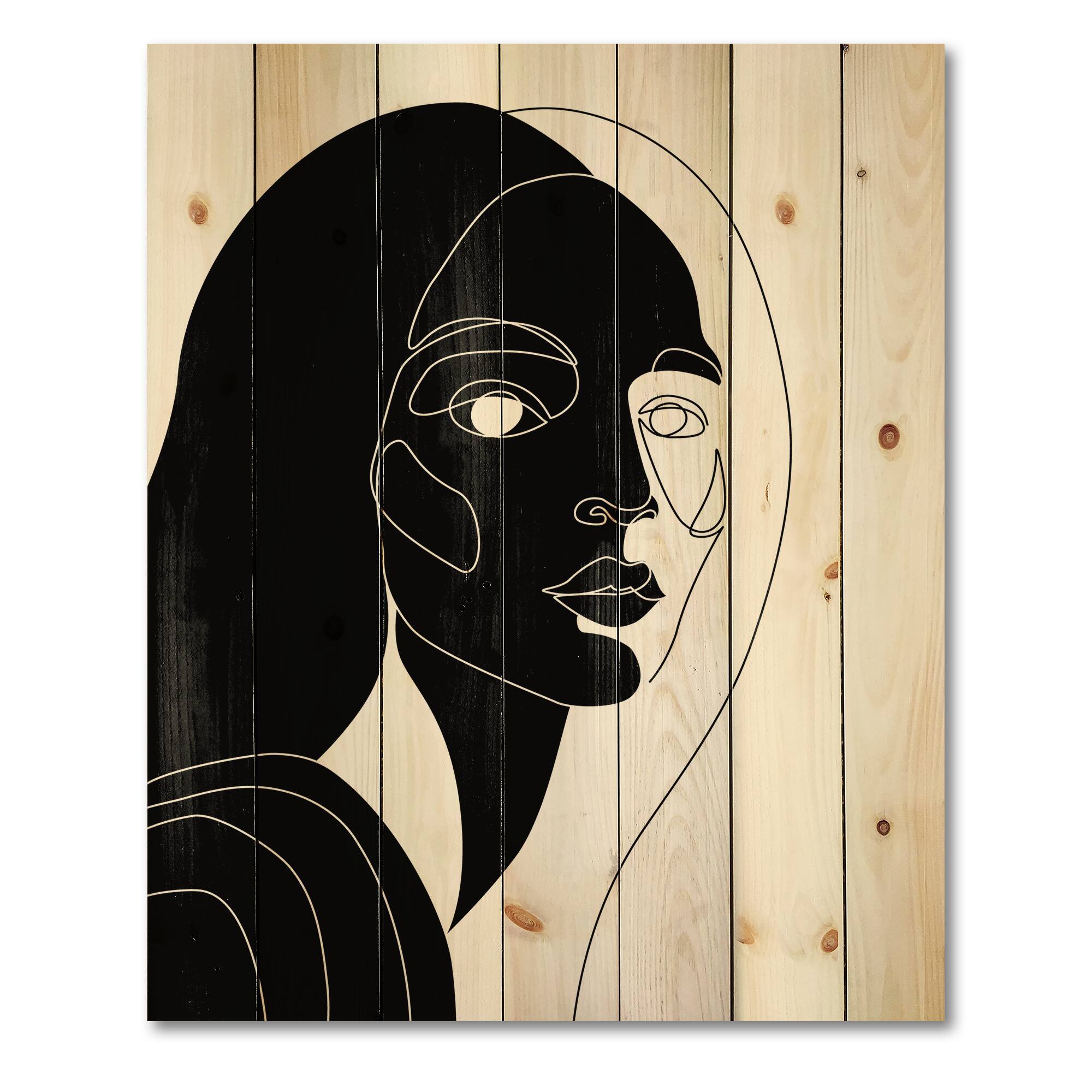 Designart - Retro Monochrome Minimal Portrait of Young Woman - Modern Print on Natural Pine Wood