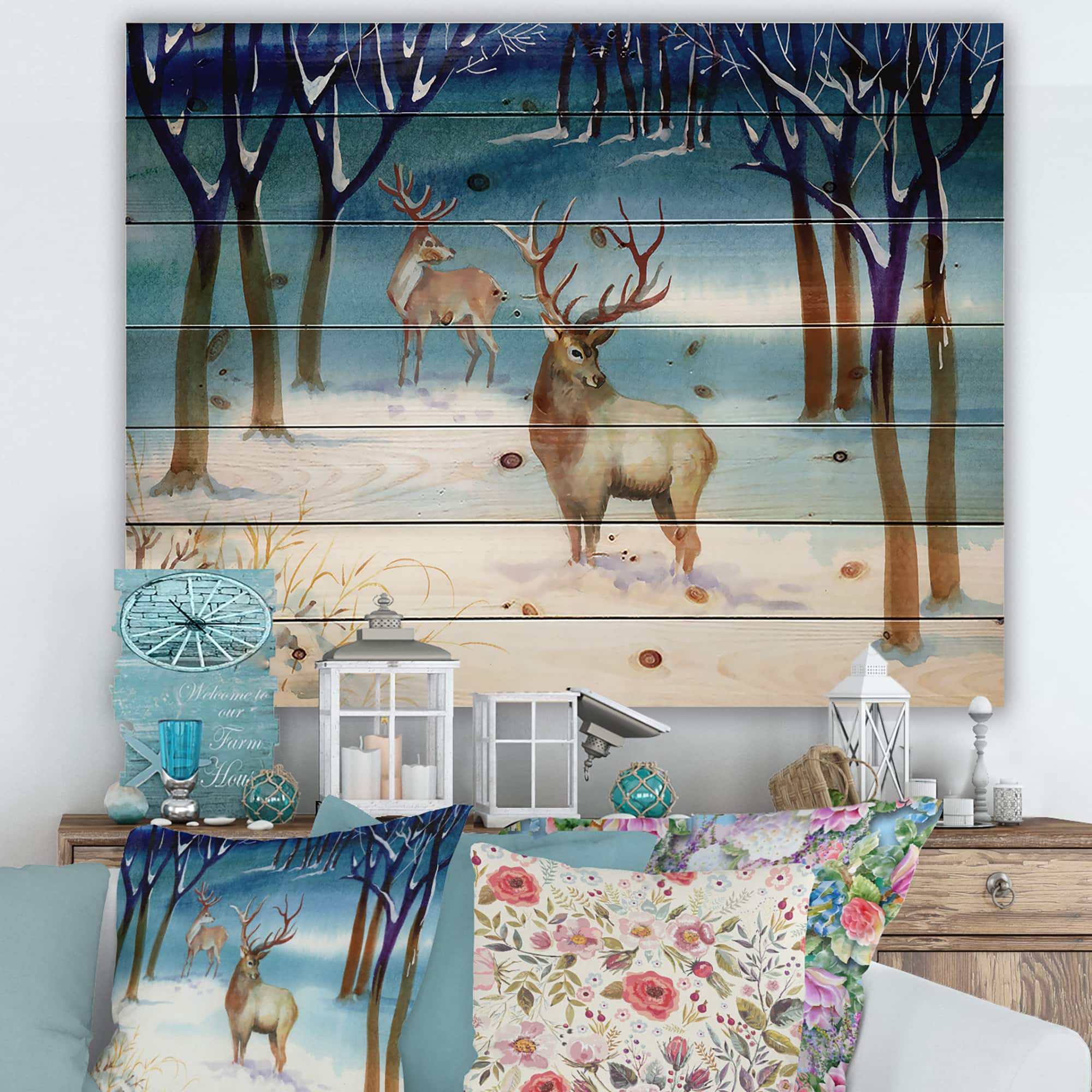 Designart - Winter Landscape With Deers - Traditional Print on Natural Pine Wood in Blue | 20" x 10" | Michaels®