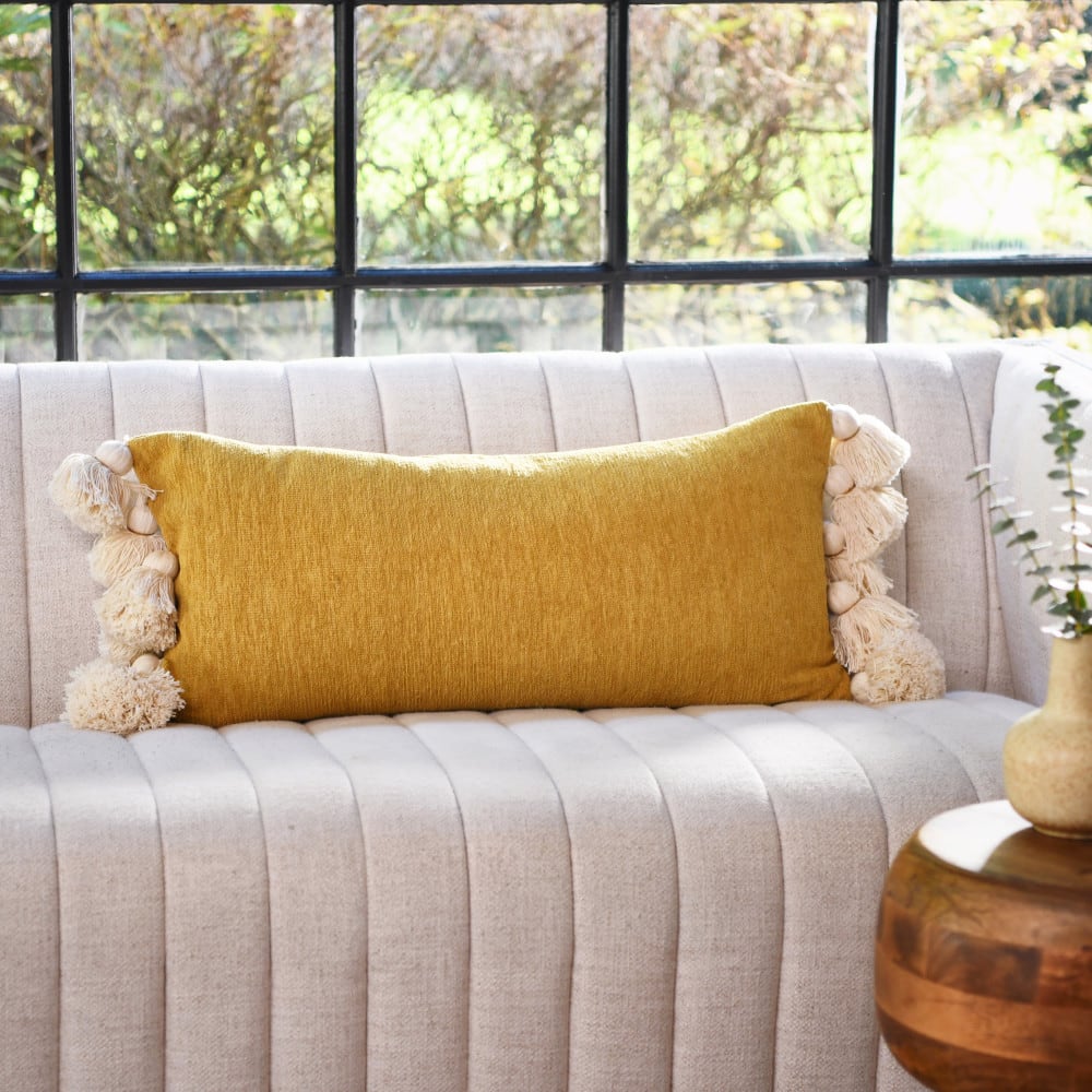Hello Honey&#xAE; Yellow Chenille Lumbar Pillow with Tassels