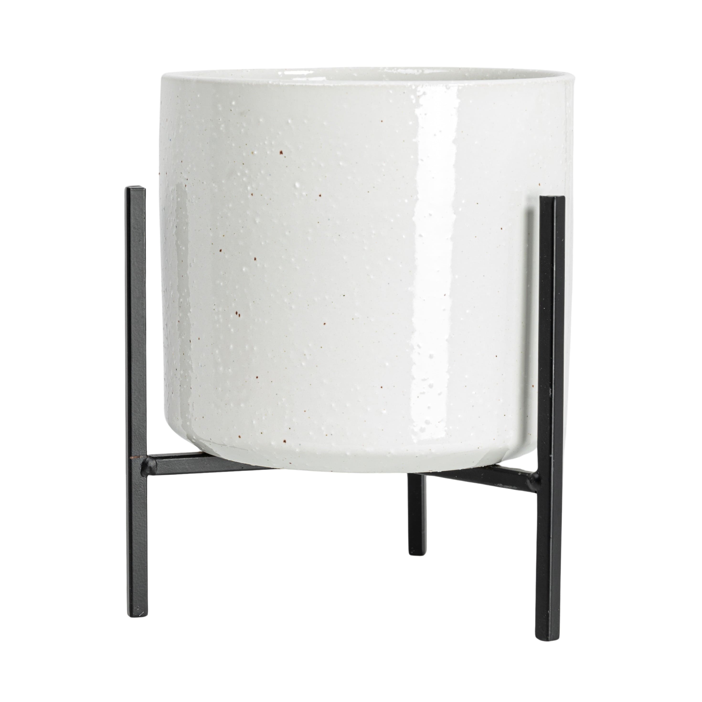 Hello Honey® 8" White Stoneware Flower Pot with Black Metal Stand