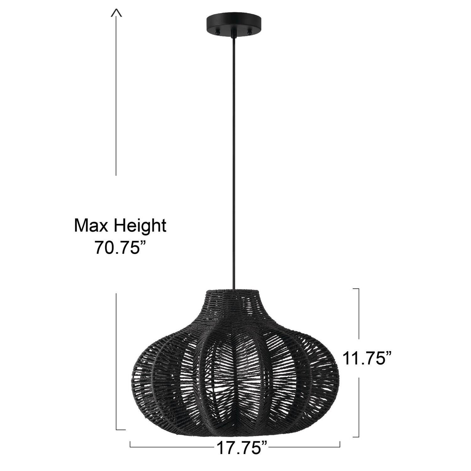 Hello Honey® 17.75" Black Boho Handwoven Paper Rope & Metal Ceiling Pendant Lamp