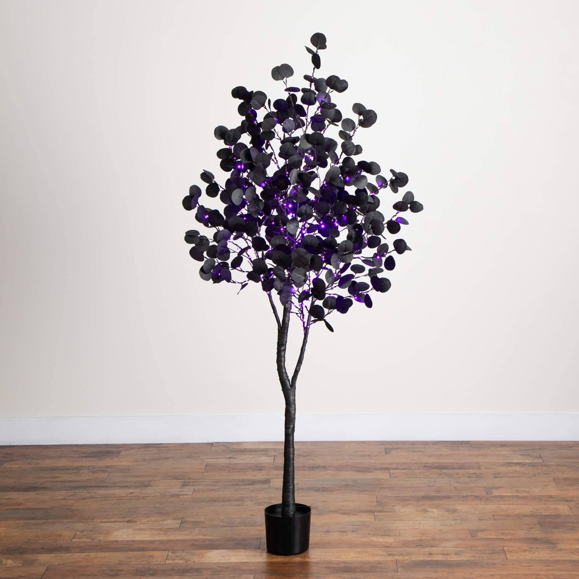 6ft. Pre-Lit Artificial Halloween Black Eucalyptus Tree with 300 Orange &#x26; Purple LED Lights