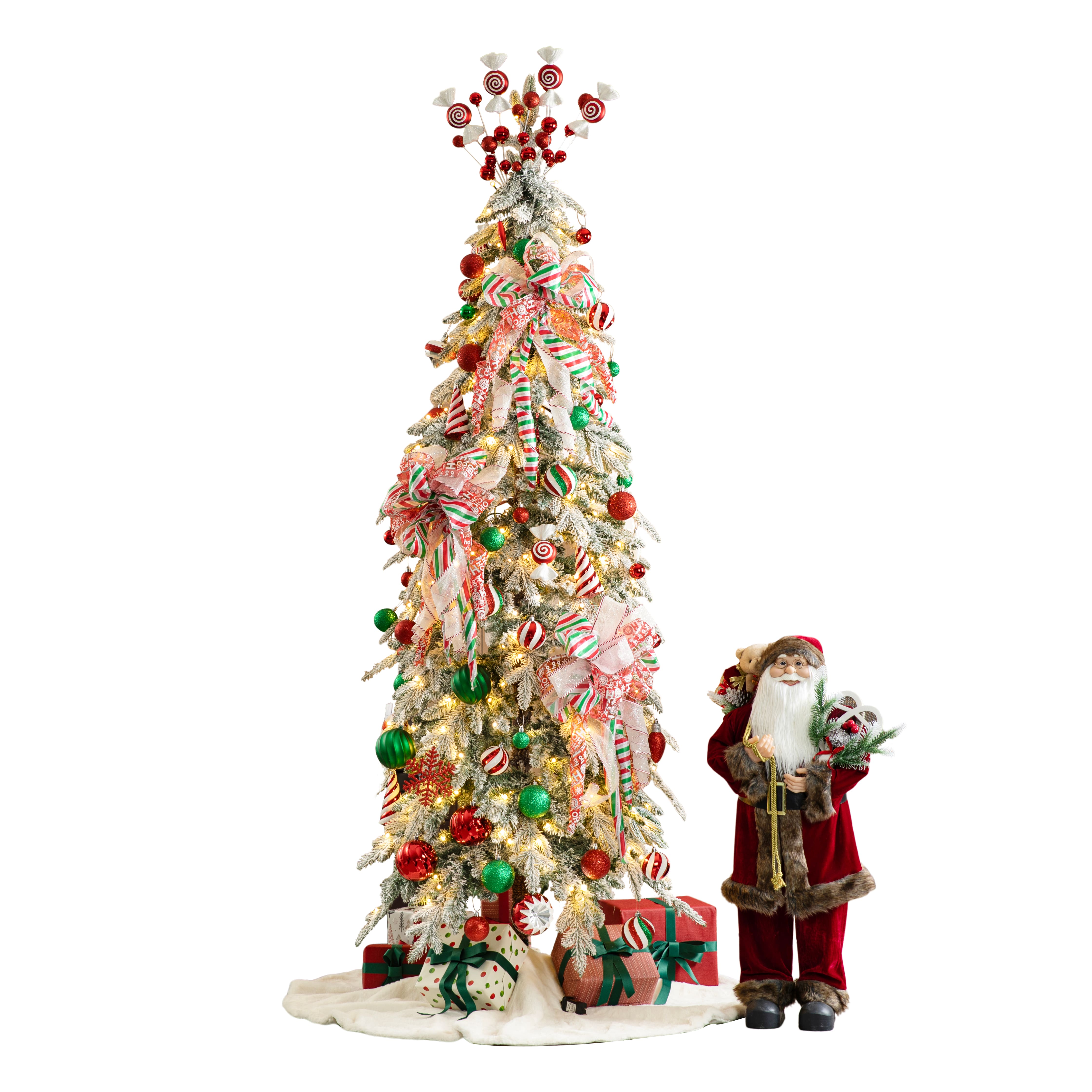 7.5ft. Pre-Lit Flocked Pencil Spruce Christmas Tree Kit with Ornaments, Tree Skirt &#x26; Santa Figurine