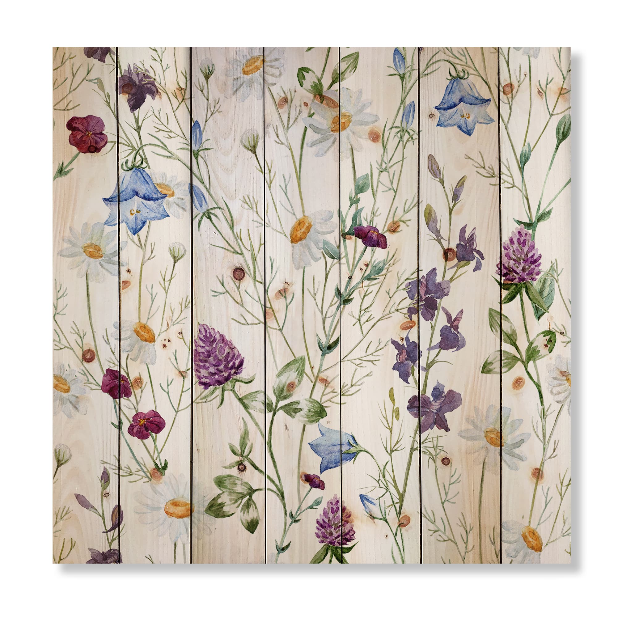 Designart - Wildflowers Chamomile and Clover Bell I - Traditional Print on Natural Pine Wood