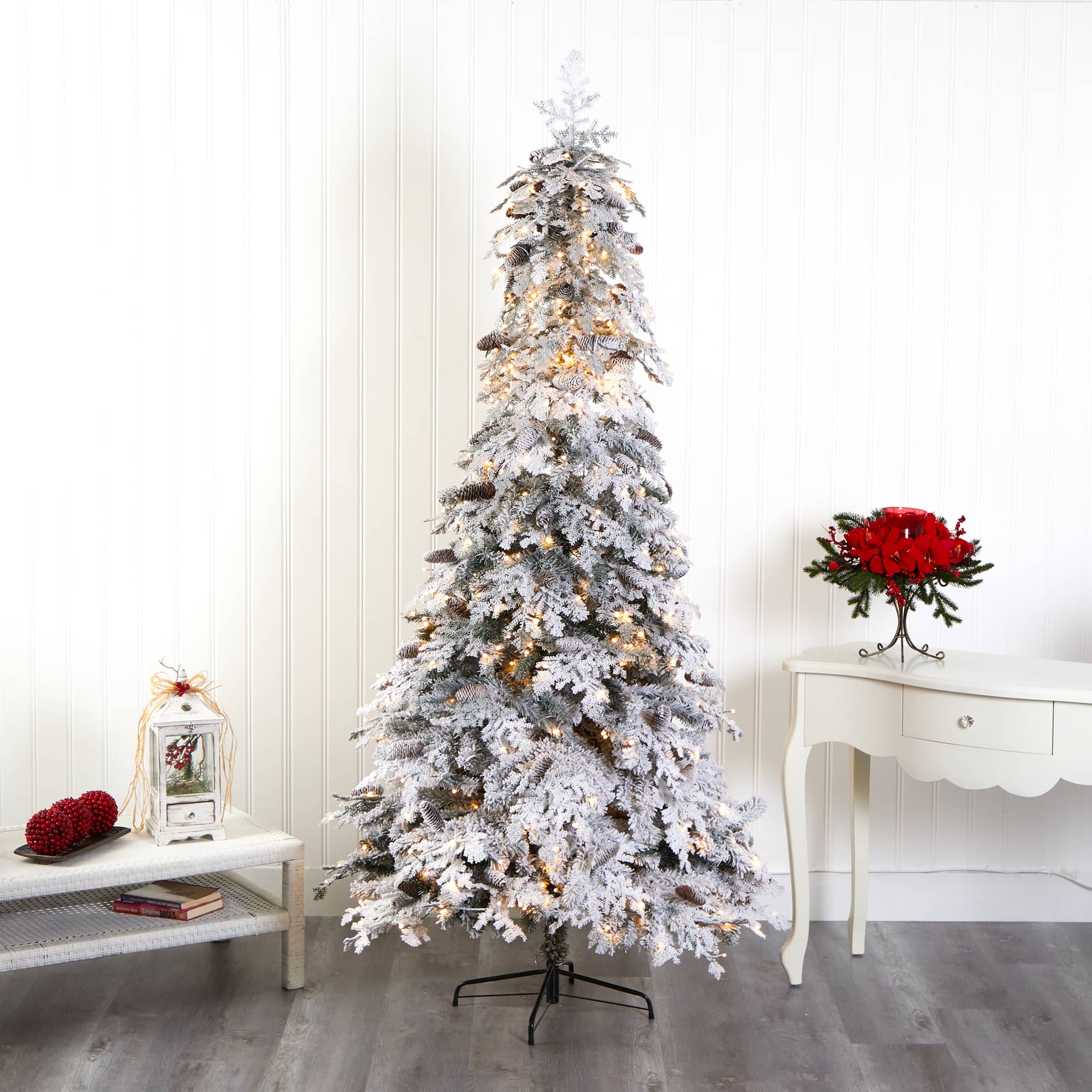 8ft. Pre-Lit Flocked Montana Down Swept Spruce & Pinecones Artificial ...